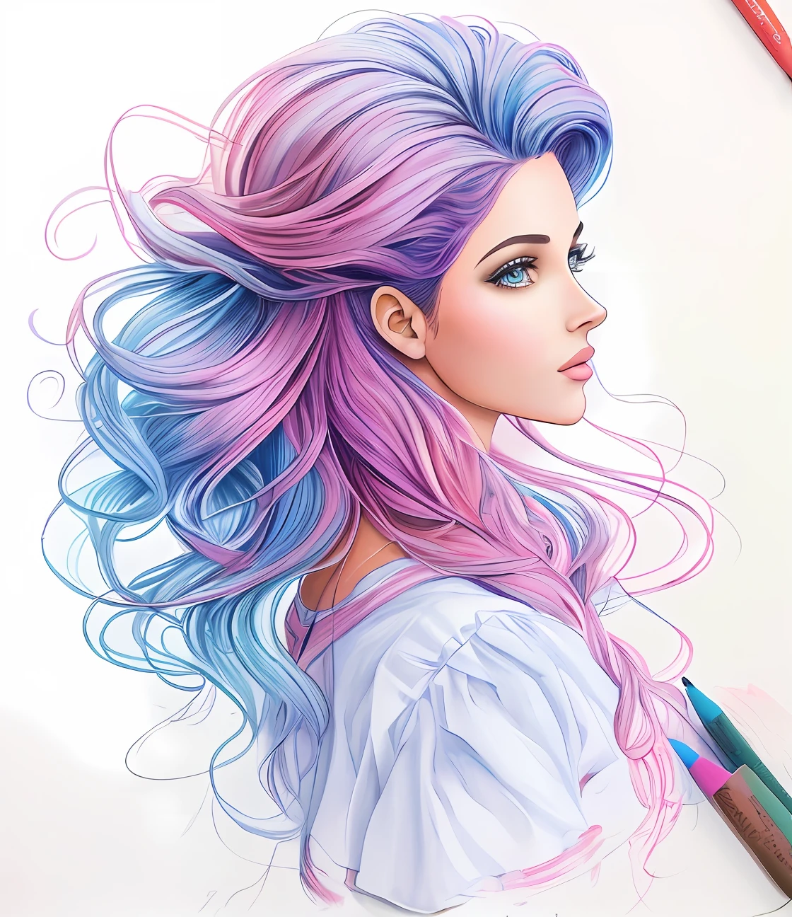 um desenho de uma mulher com longos cabelos rosa e uma borboleta, mixed media style illustration, azul. cabelo detalhado, estilo de arte bonito, detailed fashion illustration, cabelo longo violeta, aquarela artstyle, estilo de arte impressionante, colorfull illustration, RossDraw pastel vibrante, desenho colorido, cabelo rosa e azul, cabelos longos coloridos, air brush illustration, arte detalhada bonito