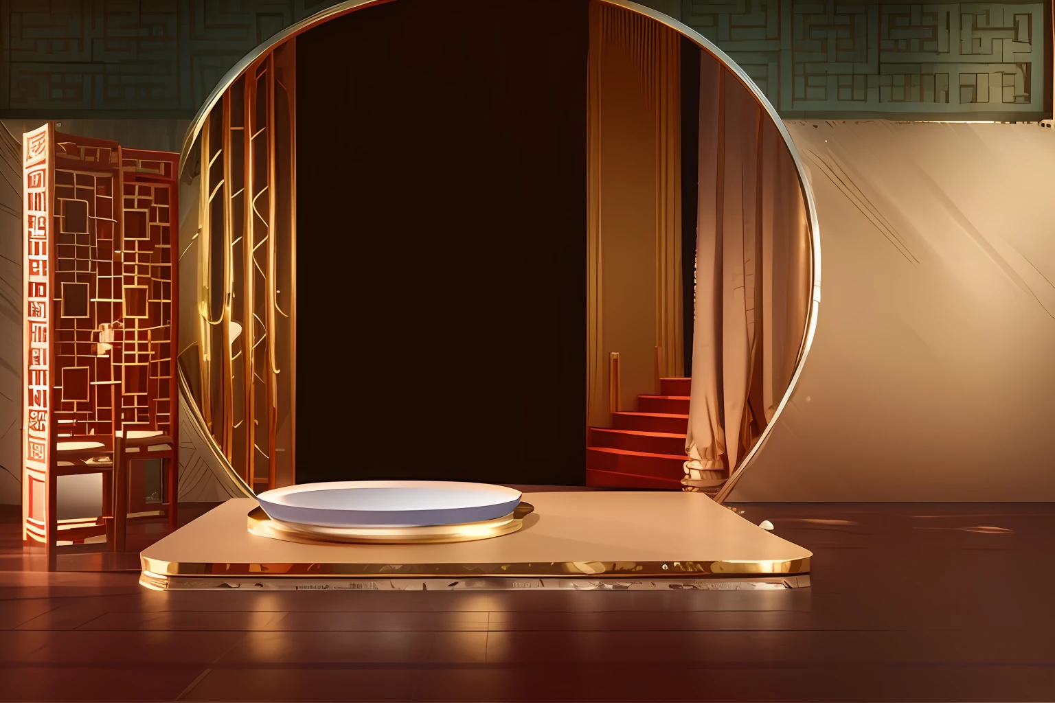 there is a white bowl sitting on a table in a room, backside of scenography elements, raytraced 3d set design, Set design, detailed set design, Stage background, ballroom background, theater stage, scene render, establishing shot, gold and luxury materials, finalrender, indoors background, rendering of beauty pageant, rendered lighting, virtual set, theatrical scenery