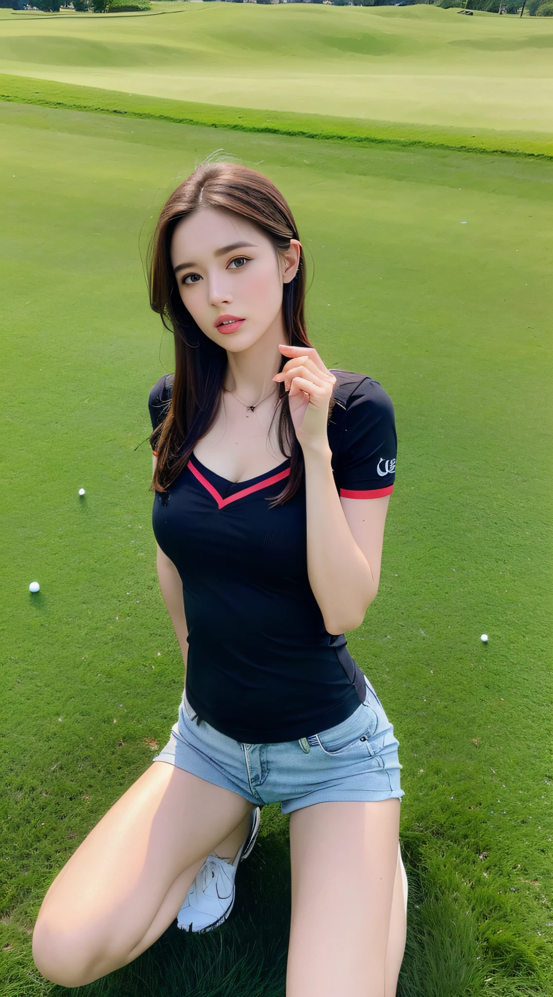 ((beste Quality、8K、巨作:1.3))、beauty woman、1 Beauty、Beautiful breasts:1.3、Slender abs:1.1、Dark brown hair、(Kneel on the grass of a golf course、Open legs:1.2)、hyperdetailed face、Highly detailed lips、Detailed eye、Double eyelidd、Sunny golf course