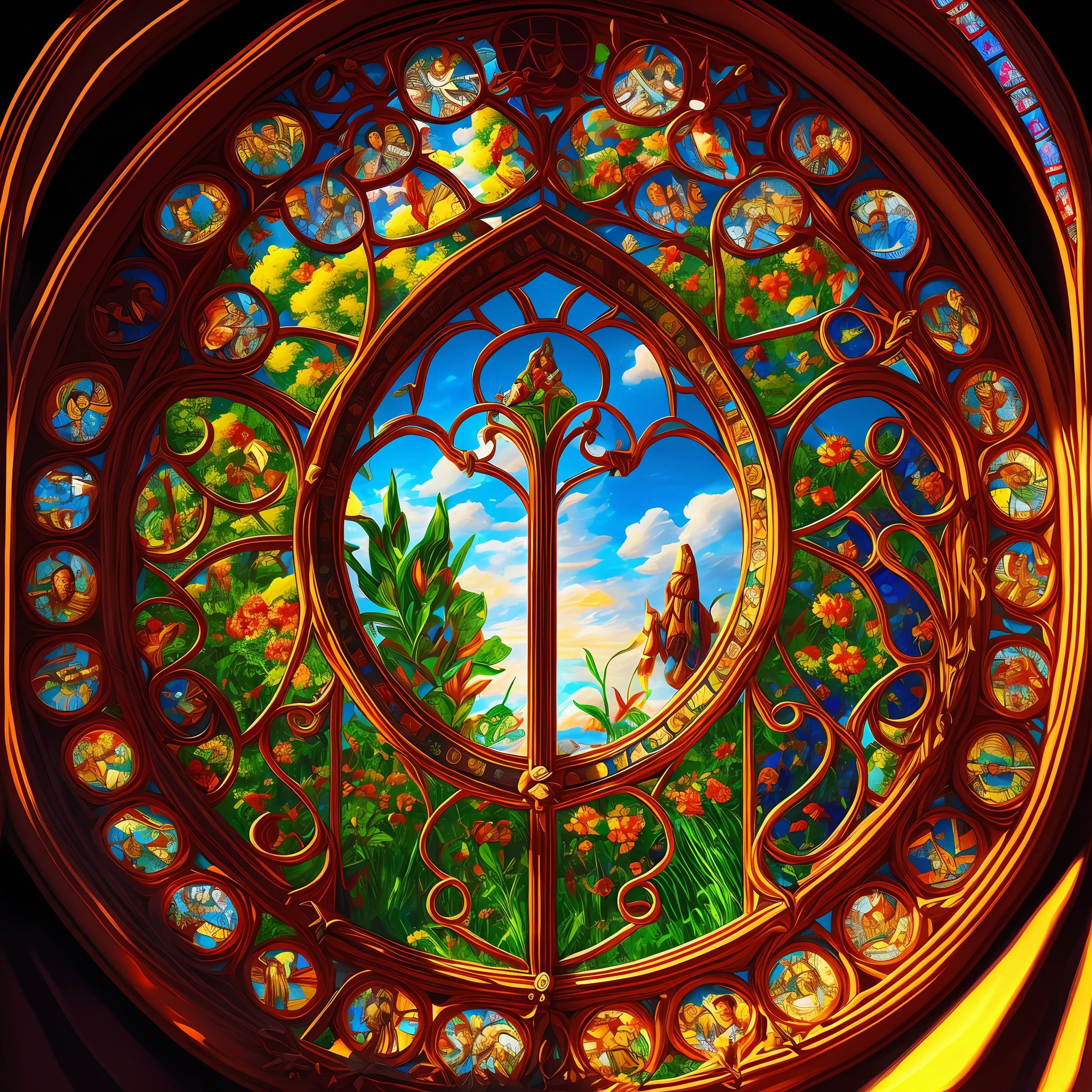 Stained glass of a window with the fantasy image. ultra detallada, alta calidad, fotorrealista, 8k, Detallado. Pintura digital --auto