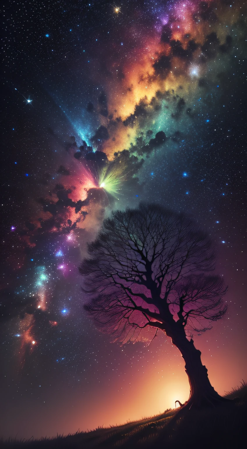 A leafy tree，Vibrant and colorful streamers under epic galactic skies，Has a professional color gradient，gentle shadowing，no contrast，clean sharp focus，Cinematography，hyperreality ：： Starcloud：：1 Wide angle lens：：1 Blurry：： Ultra HDR， hdr， 16k