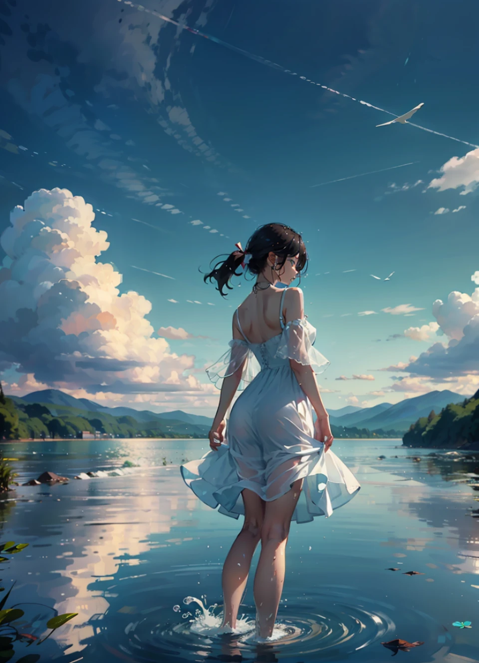 Thunderclouds、tranquil lake、１a  girl、Looking at the back of the screen、Wearing a white dress、Feet are immersed in water、巨作、Increase quality、splashed water、detail portrayal、