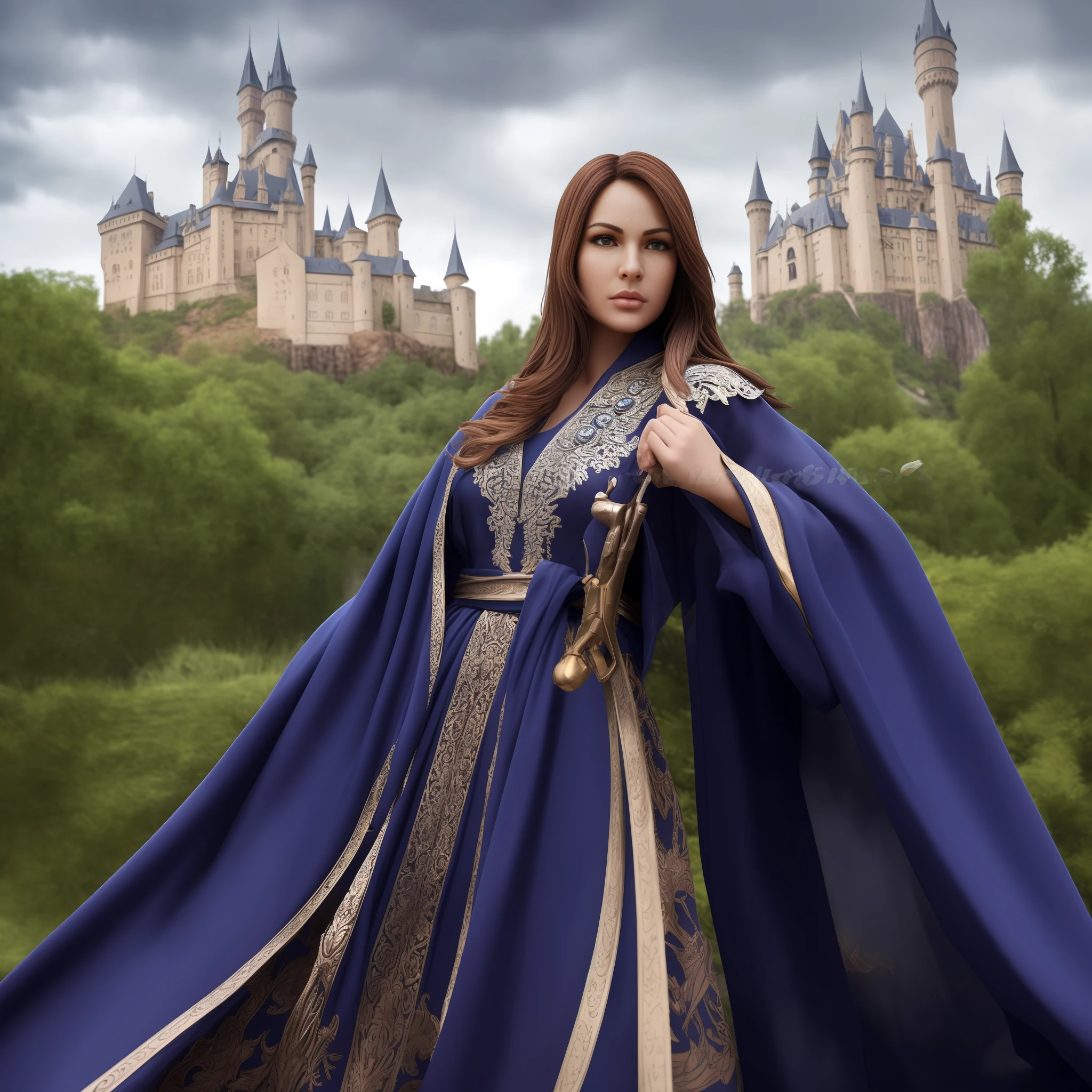 Very detailed detailed photos, ultraclear, Best image quality, highest resolution, Advanced, 杰作, 16k, Ray tracing, Particle light，FULL-BODY PHOTO, A beautiful female elf，Exquisite face details, realistic skin textures, realistic and perfect figure, correct skeletal anatomy,(In the background is a huge castle)，Wearing a mage cloak，Both hands manipulate the thunder and lightning，Combat posture，Lightning and thunder in the sky --auto