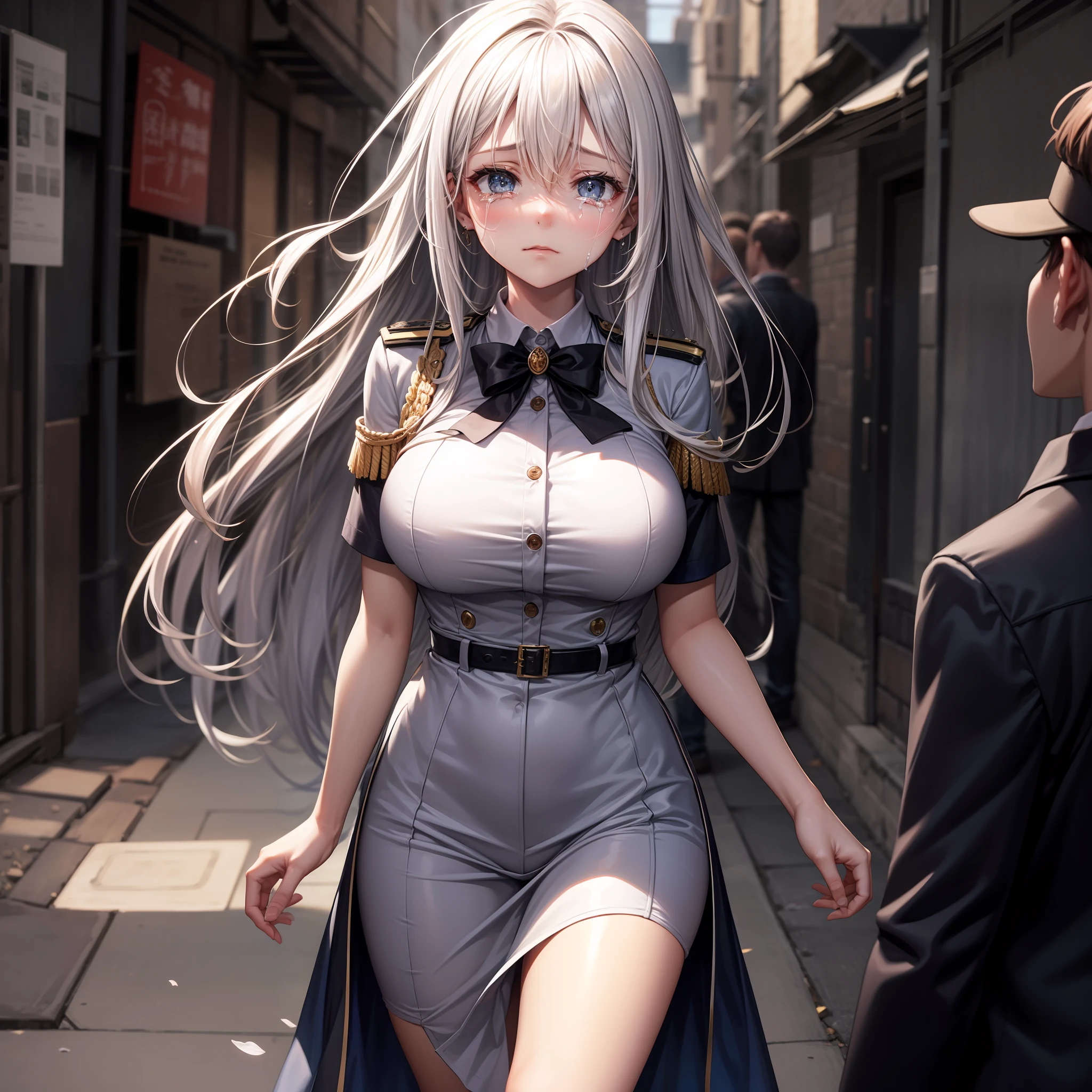 beste Quality、One girl、white gray hair、a whole body、Longhaire、shcool uniform、Crying face、Surrounded by men、Grabbed by the hair、Dark back alleys、Luxury、Giant tits、Background blur