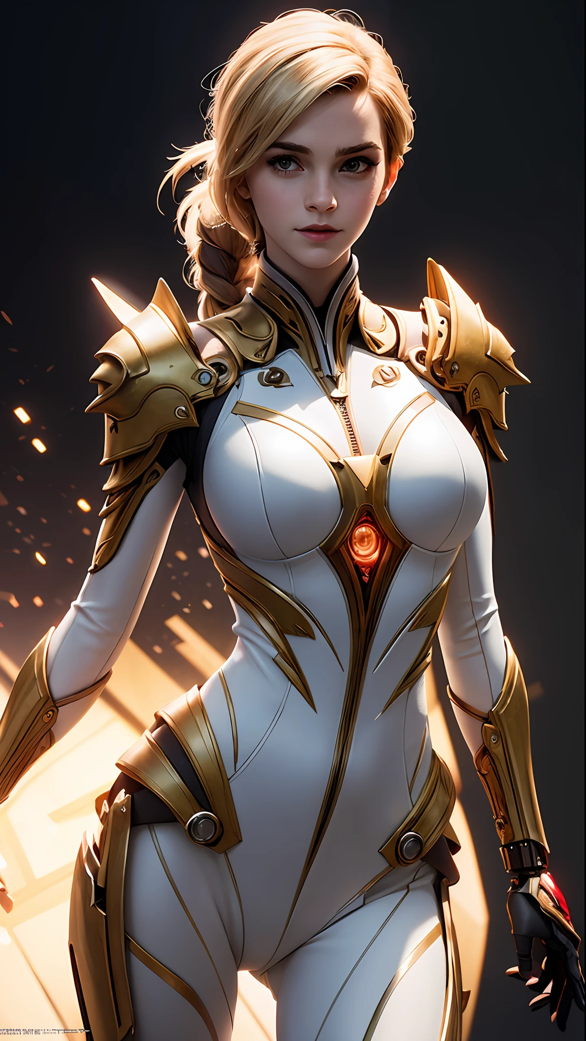 (realisti:1.5), (photo-realistic:1.2), Detailed, Rendering, Epic, biomechanical Emma Watson, cosplay on Mercy, shelmet, white plastic, Ambient lighting, dynamic pose, intricated, elegant, (Dynamic background), big boob, Detailed, elegant, Sharp focus, photo by Greg Rutkowski, soft-lighting, bright colors, IvoryGoldAI (Battlefieldds:1.2)
