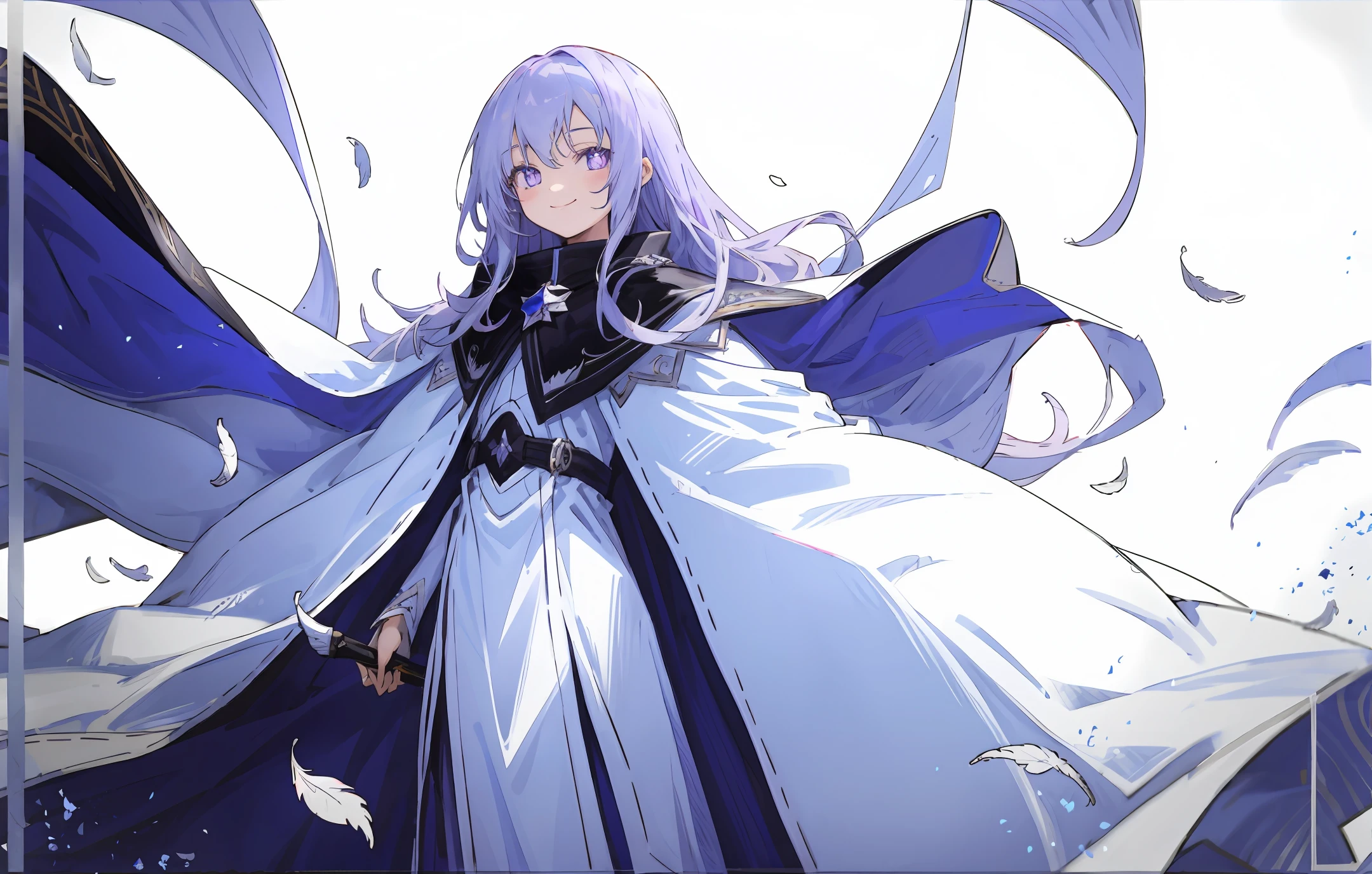 Two-dimensional ,Sweet smile,Purple pupils,White long hair,long cape,White feathers,High resolution,Professional composition