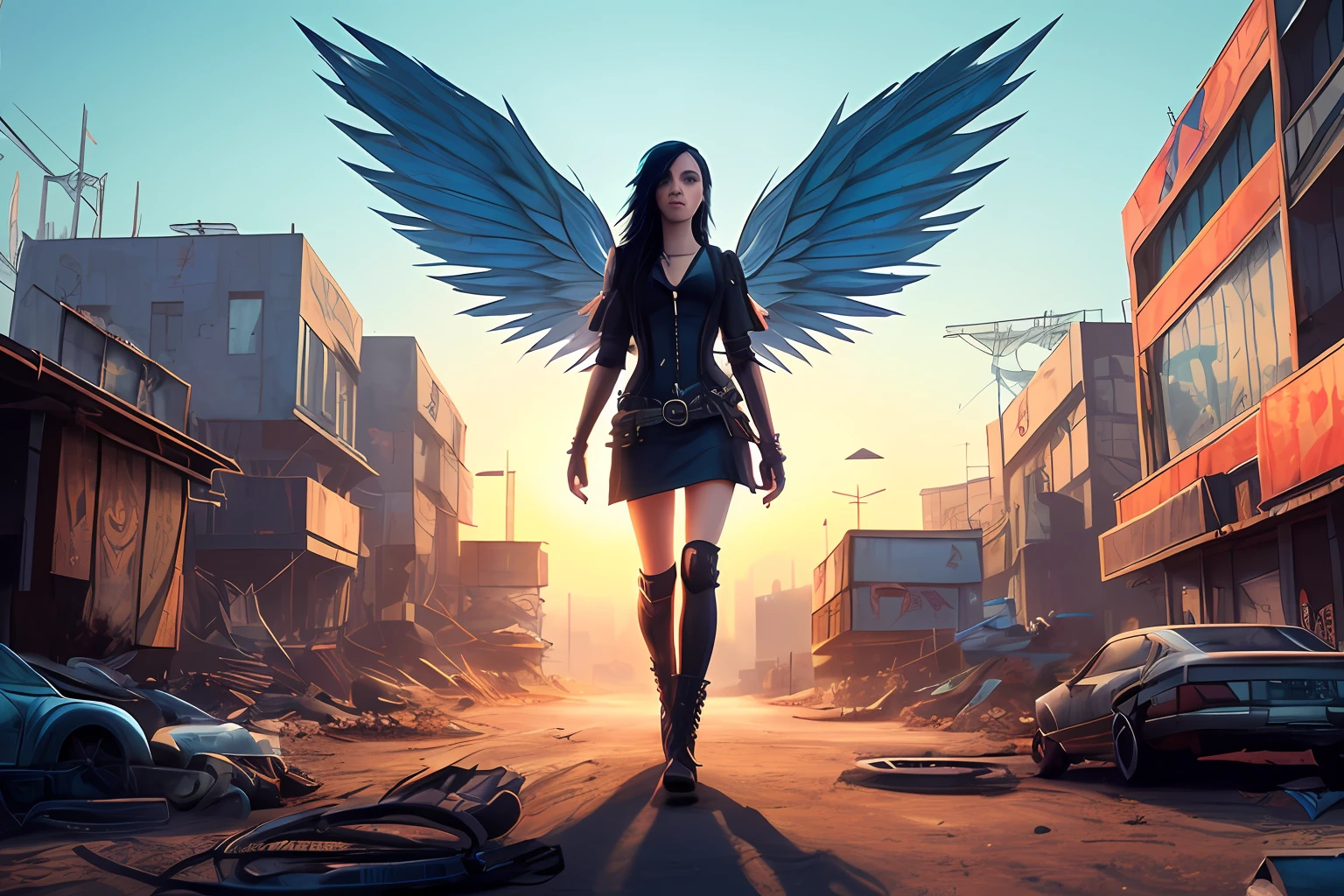 1 girl, cyberpunk style, (mechanical wings), long black hair, wasteland style background, holding a firearm weapon,{{masterpiece}},{{{best quality}}},{{{illustration}}},{{ultra-detailed}}, {{masterpiece}}, {{{best quality}}},{{ultra-detailed}}, {{illustration}},{{disheveled hair}},full body,first-person view,film lighting,