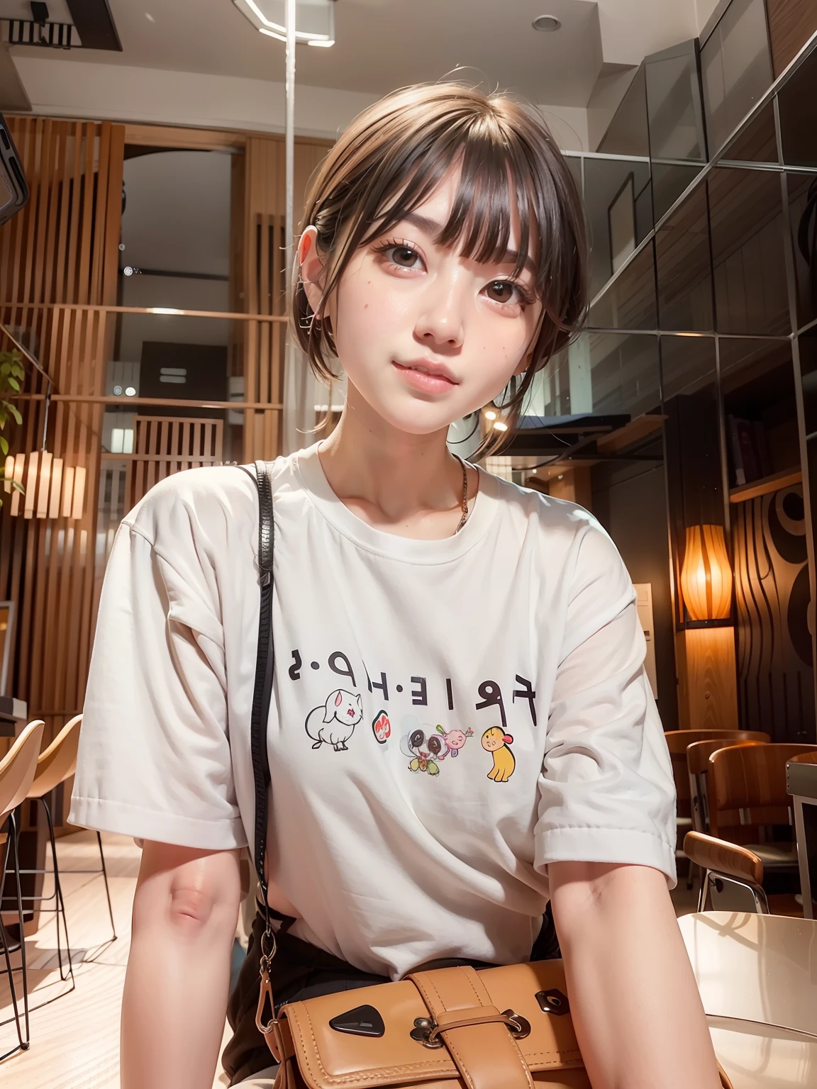 there is a woman sitting at a table with a purse, ruan cute vtuber, Urzan, xintong chen, wan adorable korean face, heonhwa choe, jaeyeon nam, wenfei ye, Korean girl, uwu, with short hair, wearing a t-shirt, sakimichan, With bangs, kanliu666, Cartoon Cute