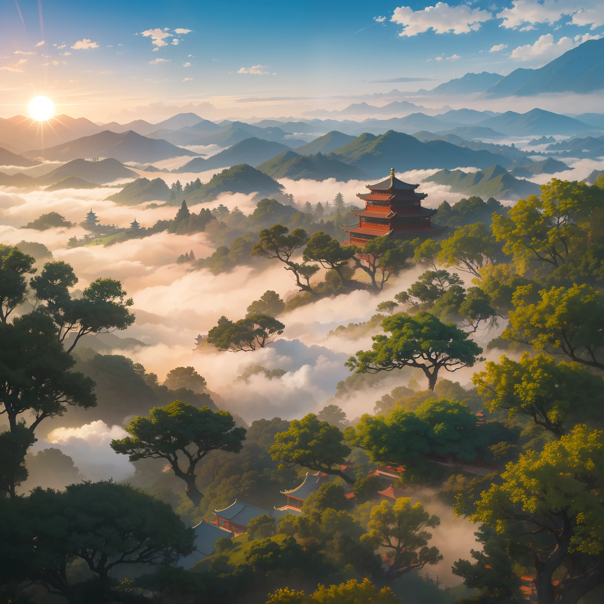A magical sight，A view that has never been seen before，The sun shines，blingbling，Huge halo，The sky is clear，Chinese garden architecture is surrounded by clouds and mist，Realistic and approaching scenery， Beautiful，8K，Best Picture Quality --auto