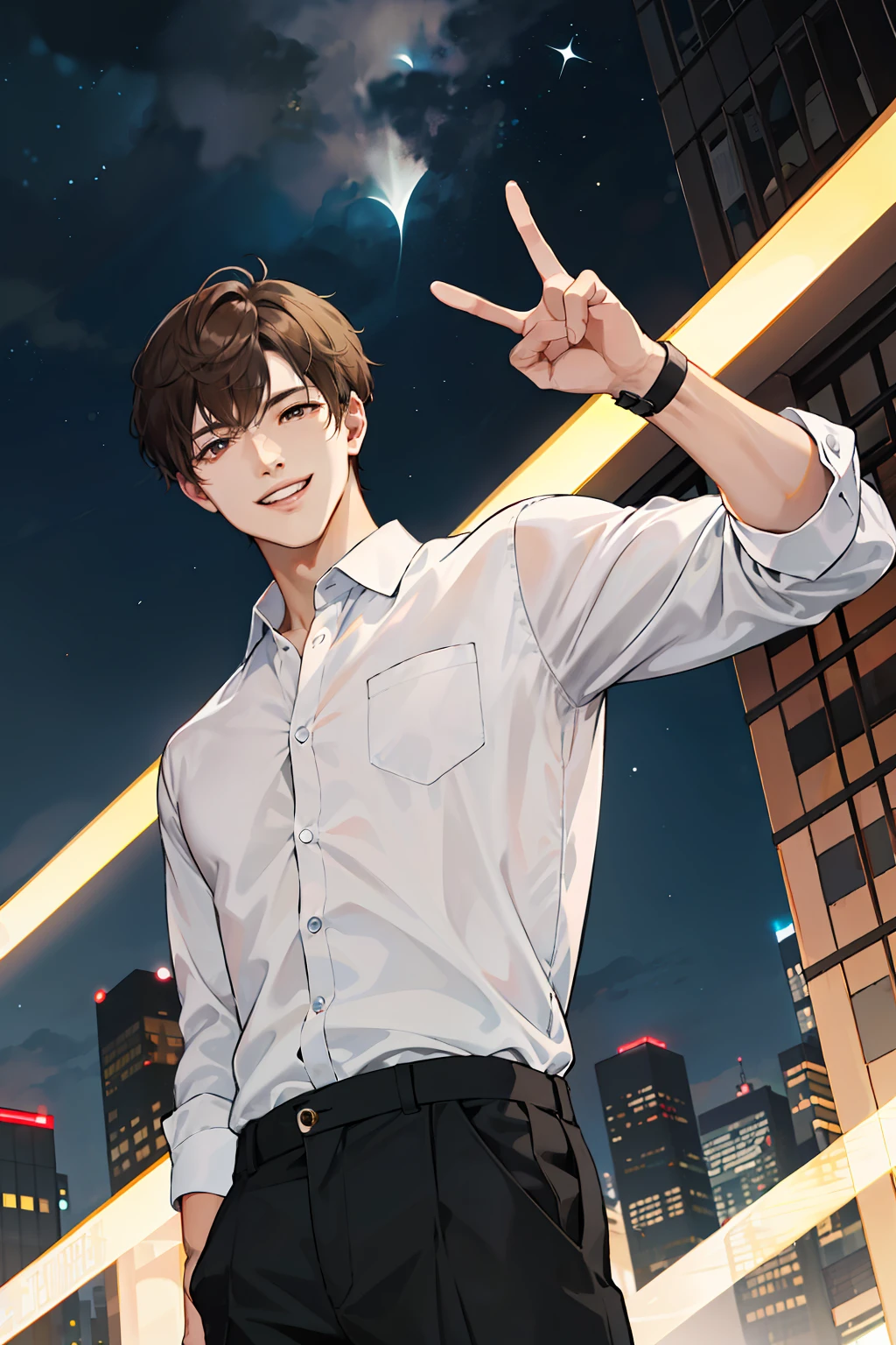 （逼真，high definiton，Ultra detailded）1 man playing solo late at night，is an adult idol singer，Smiling，Tall height，Broad shoulders，Very short chestnut hair，Brown eyes and angular chin，Wear a white shirt and black trousers，Deep eyes，Play modern music，All parts of the body emerge in the darkness。