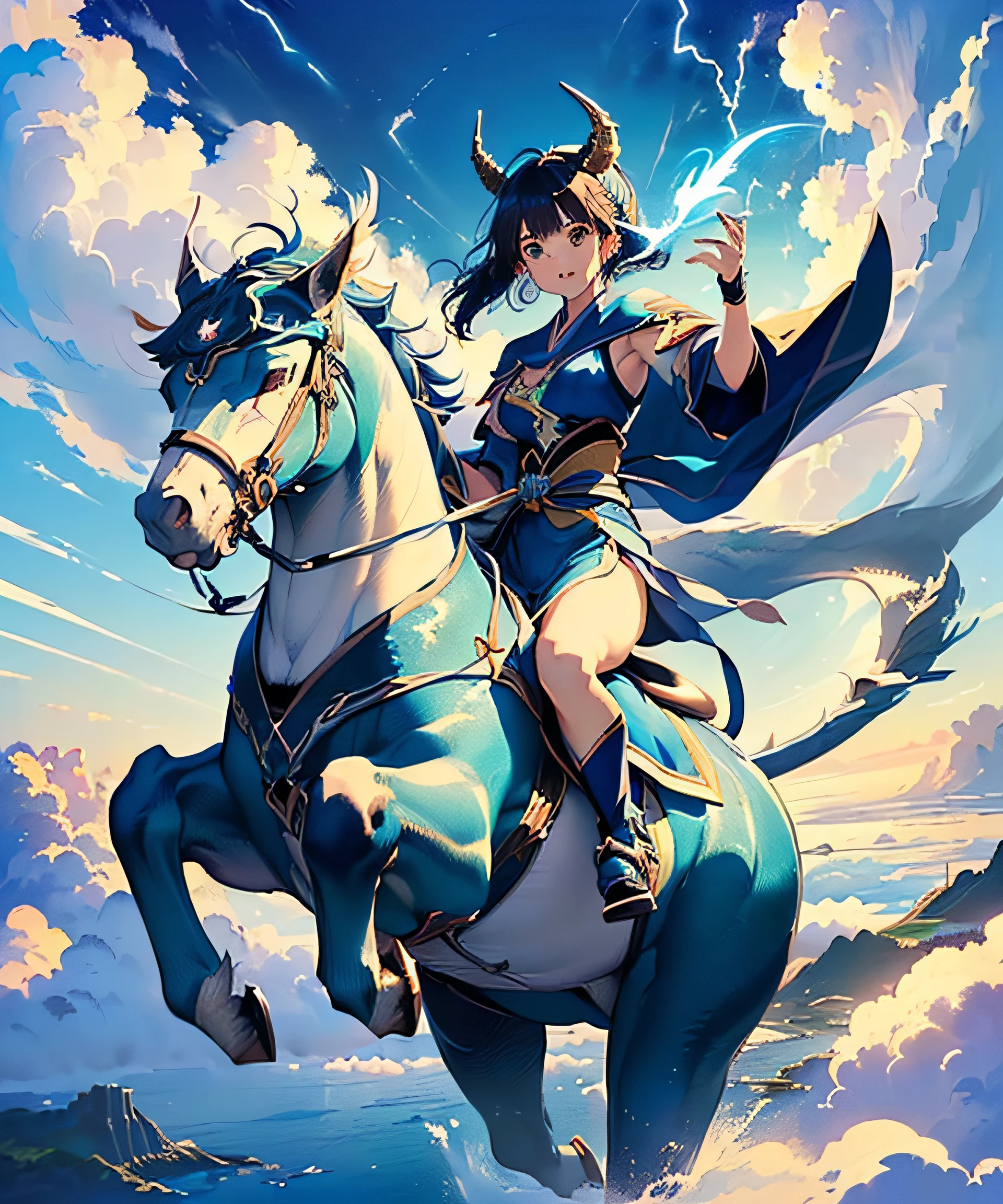 backgrounds((MagicWorld、Magical world、Air Castle Plug、sea of clouds、On the cloud、thunder、Masterpiece、beste Quality、Different world):1.5)、white and black、(Hiryu:1.3)、((Japanese-style fox-eared magical beautiful girl warrior riding a flying dragon unleashes blue flame magic towards the citadel in the air))
