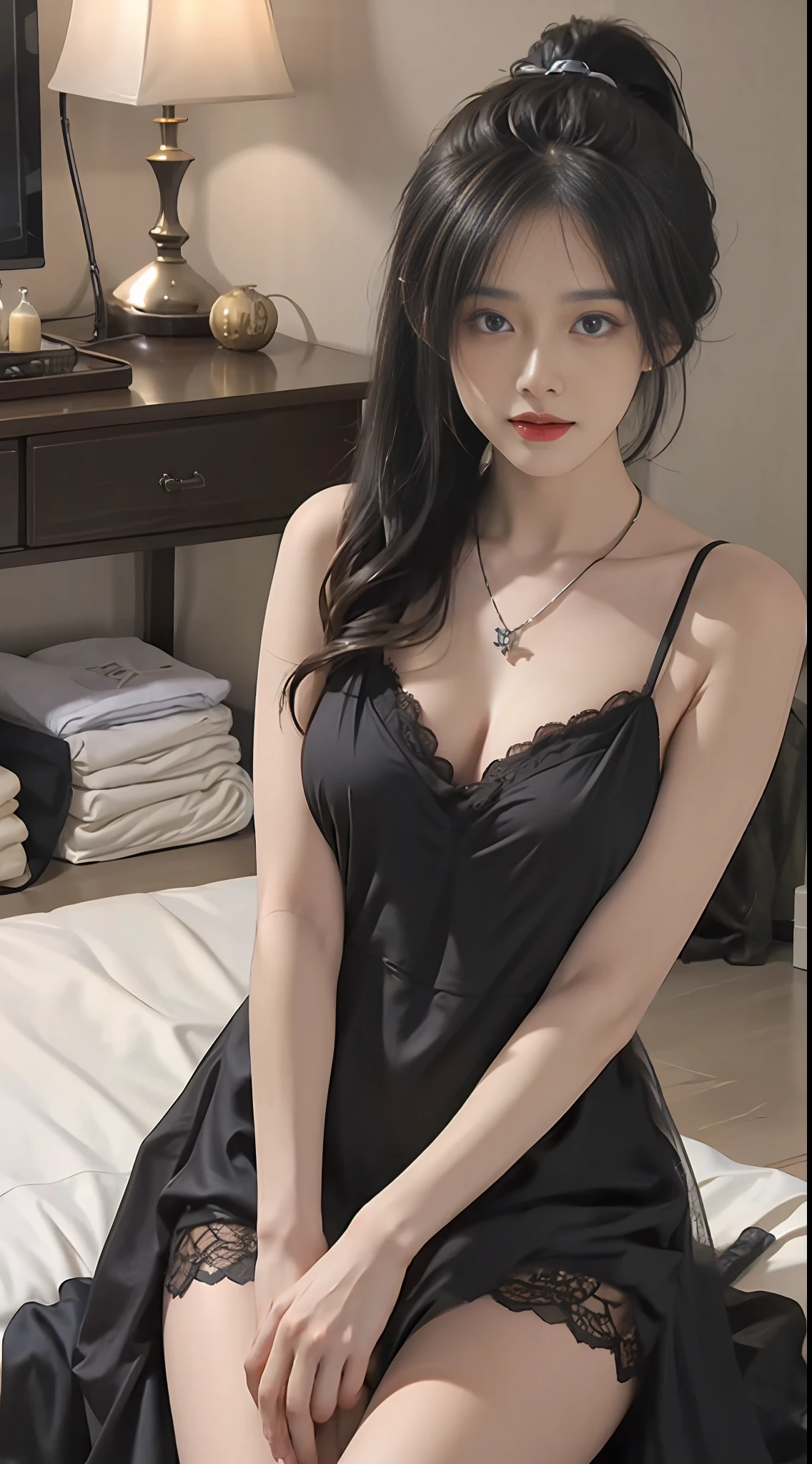 Ultra HDR，ultra detaile，a whole body，extremely lifelike， 8K high resolution，1  girl， Flowing ponytail black hair，Bath diagram，  Dark eyes， Lace， nightgown，largebreasts， thin waists，thighlet，Wear a pendant，in bedroom，Very detailed face and skin，Detailed eyes，Double eyelid，杰作，best qualitiy