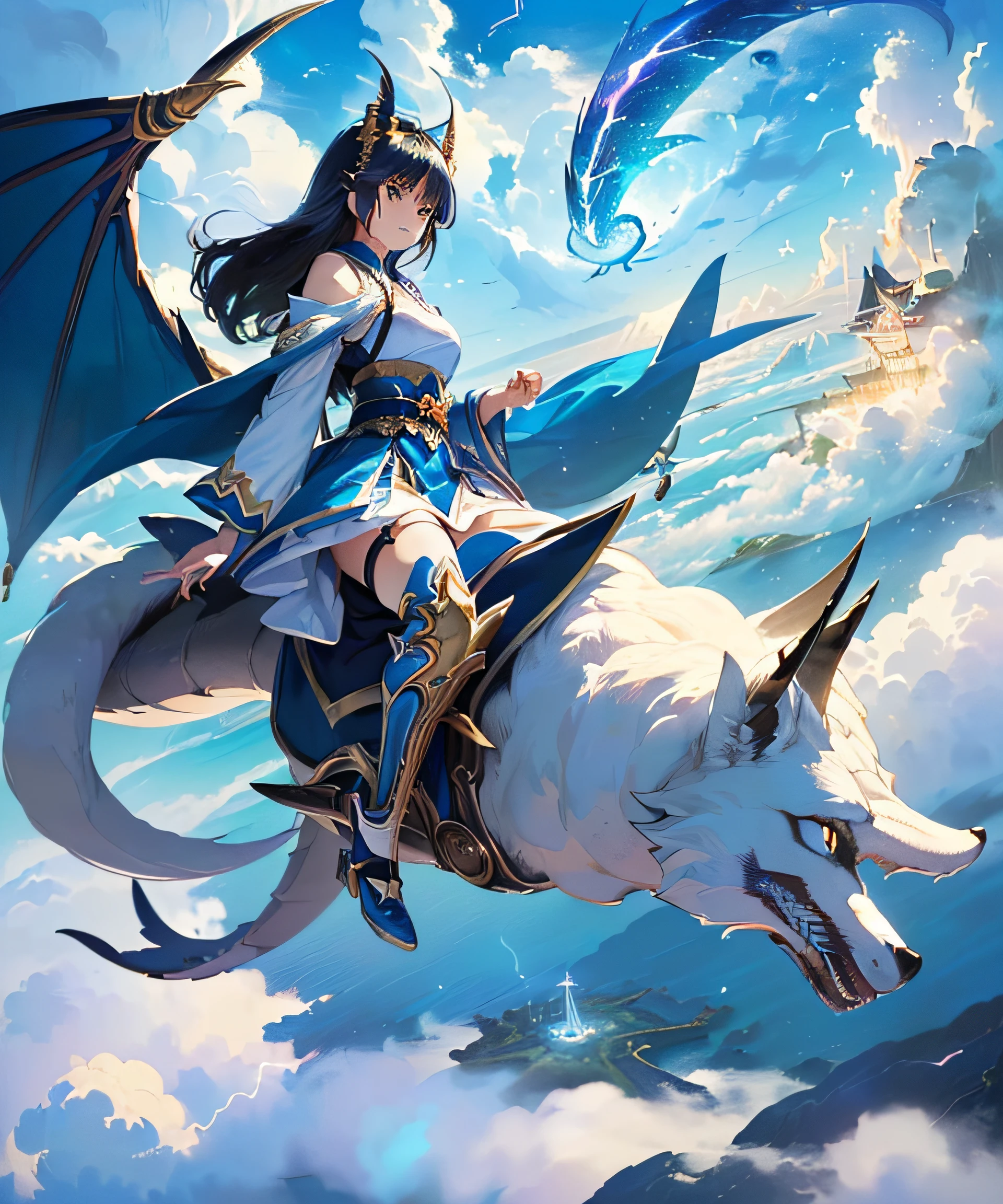 backgrounds((MagicWorld、Magical world、Air Castle Plug、sea of clouds、On the cloud、thunder、Masterpiece、beste Quality、Different world):1.5)、white and black、(Hiryu:1.3)、((Japanese-style fox-eared magical beautiful girl warrior riding a flying dragon unleashes blue flame magic towards the citadel in the air))
