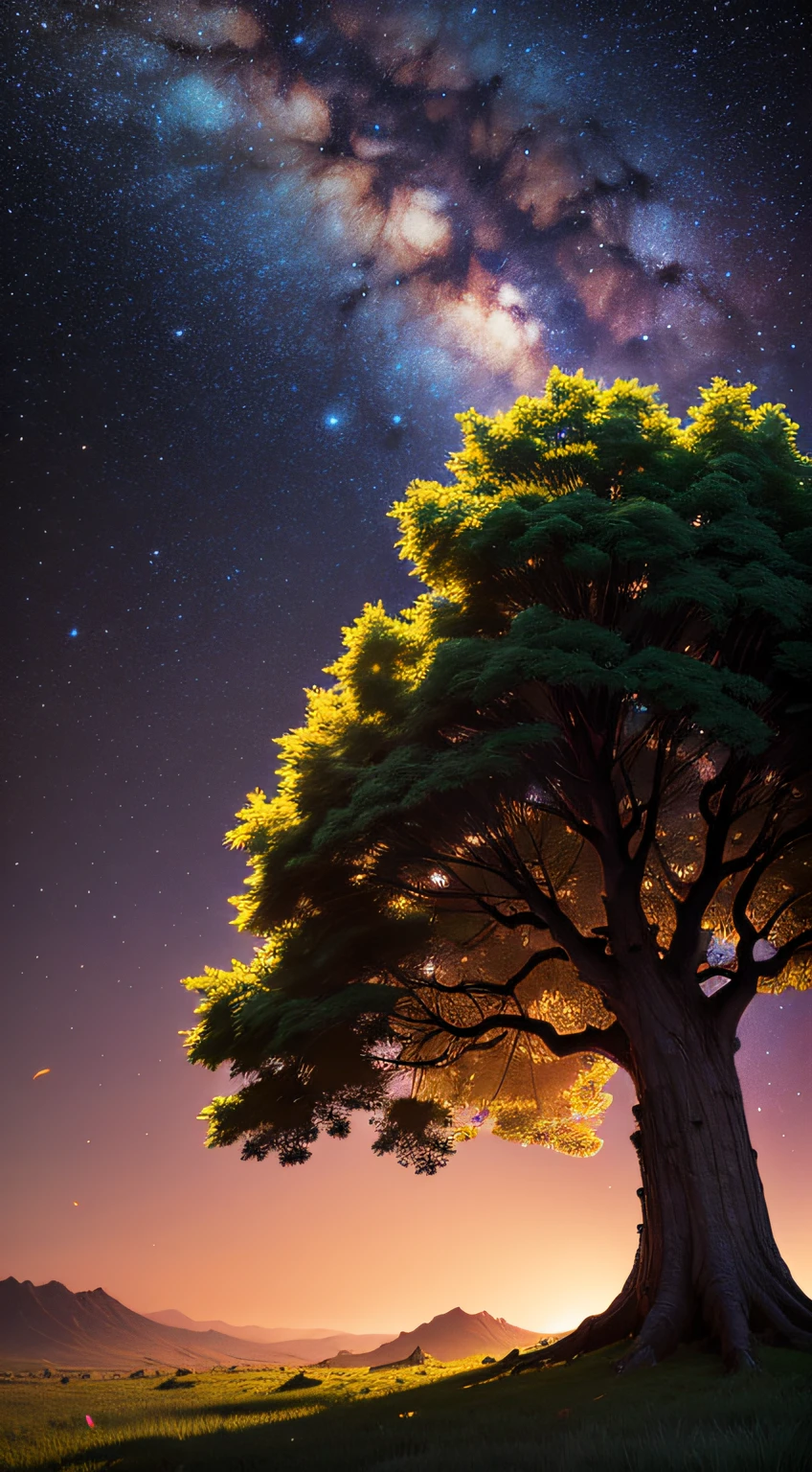 A leafy tree,Vibrant and colorful streamers under epic galactic skies,Has a professional color gradient,gentle shadowing,no contrast,clean sharp focus,Cinematography,hyperreality :: Starcloud::1 Wide angle lens::1 Blurry:: Ultra HDR, hdr, 16k