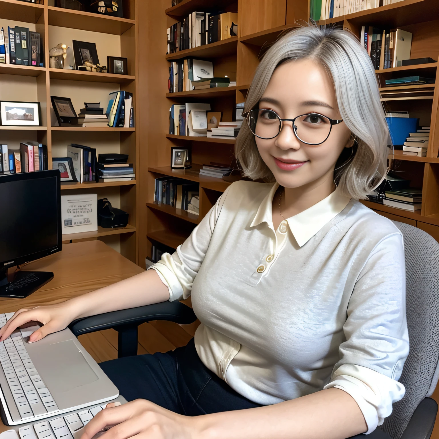 an midle aged asian woman (short grey wavy hair, glasses, wearing a white shirts, closed mouth, Light smile) sitting on a chair and typing on computer on a desk, 50-year-old korean girl, medium size breasts, professor, whole subject shown in photo, mature and little chubby woman, in study with lots of books, portrait of female university professor, mature and lovely korean face, studying, typing, looking at the computer monitor, sitting in a chair, Portrait of Korean mature Female at a study filled with lots of books, computer on the desk and a big bookshelves filled with many books in the background,