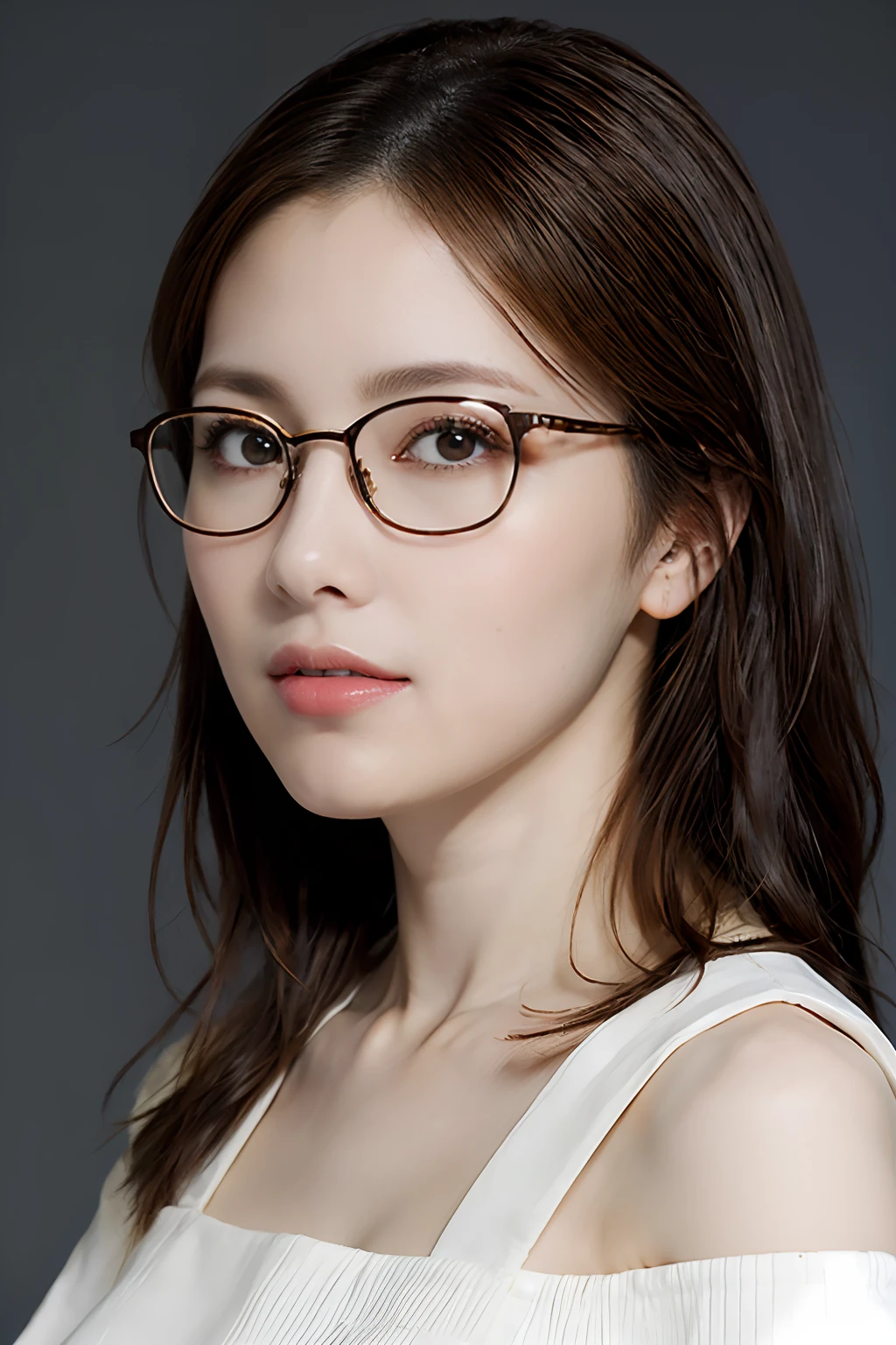 (Raw photography、best qualiy)、(Realstic、photorealestic:1.3)、anextremelydelicateandbeautiful、astonishing、finelydetail、The Masterpiece、Ultra-detail、high - resolution、sharpening Focus、DSLR、hig quality、One woman with glasses、Blue tops、eyewear、photos、aesthetics、Upper Bust、looking the viewer