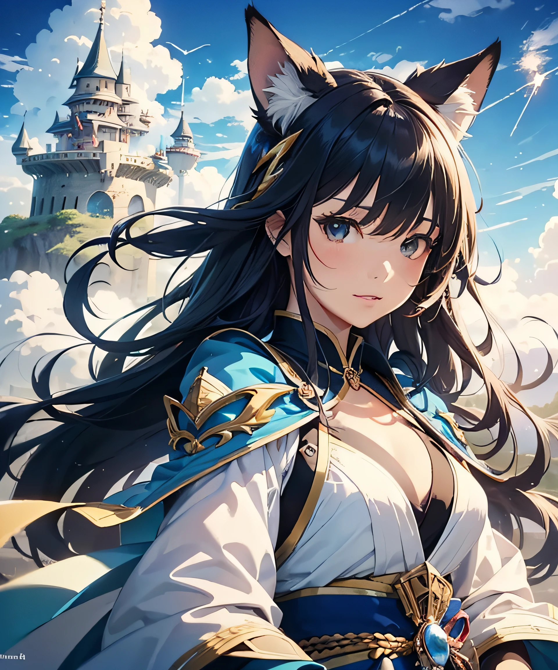 backgrounds((MagicWorld、Magical world、Air Castle Plug、sea of clouds、On the cloud、thunder、Masterpiece、beste Quality、Different world):1.5)、white and black、(Hiryu:1.3)、((A magical beautiful girl with long black hair with Japanese-style fox ears riding a flying dragon shoots blue flame magic towards the aerial citadel seen in the distance))、Japanese style costume、Up Beautiful Girl、Take the aerial citadel deep