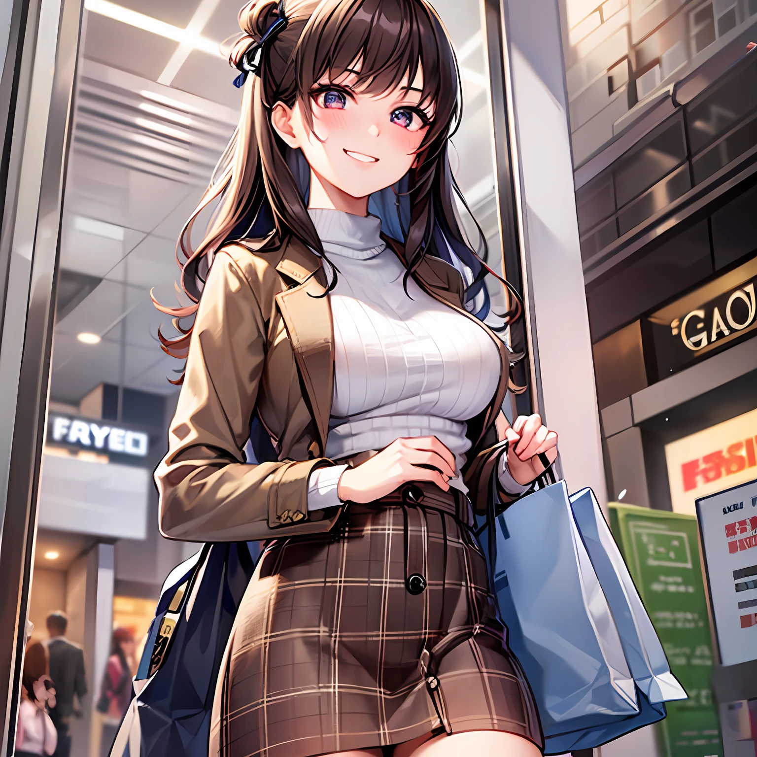 1girls, Height 148cm、Bust 85cm、Waist 56cm、Hip 85cm、F-cup、23yo、very baby face、Brown-haired、semi long hair、Duffel coat、denim skirt、shopping mall、gentle grin、Blur the background a lot