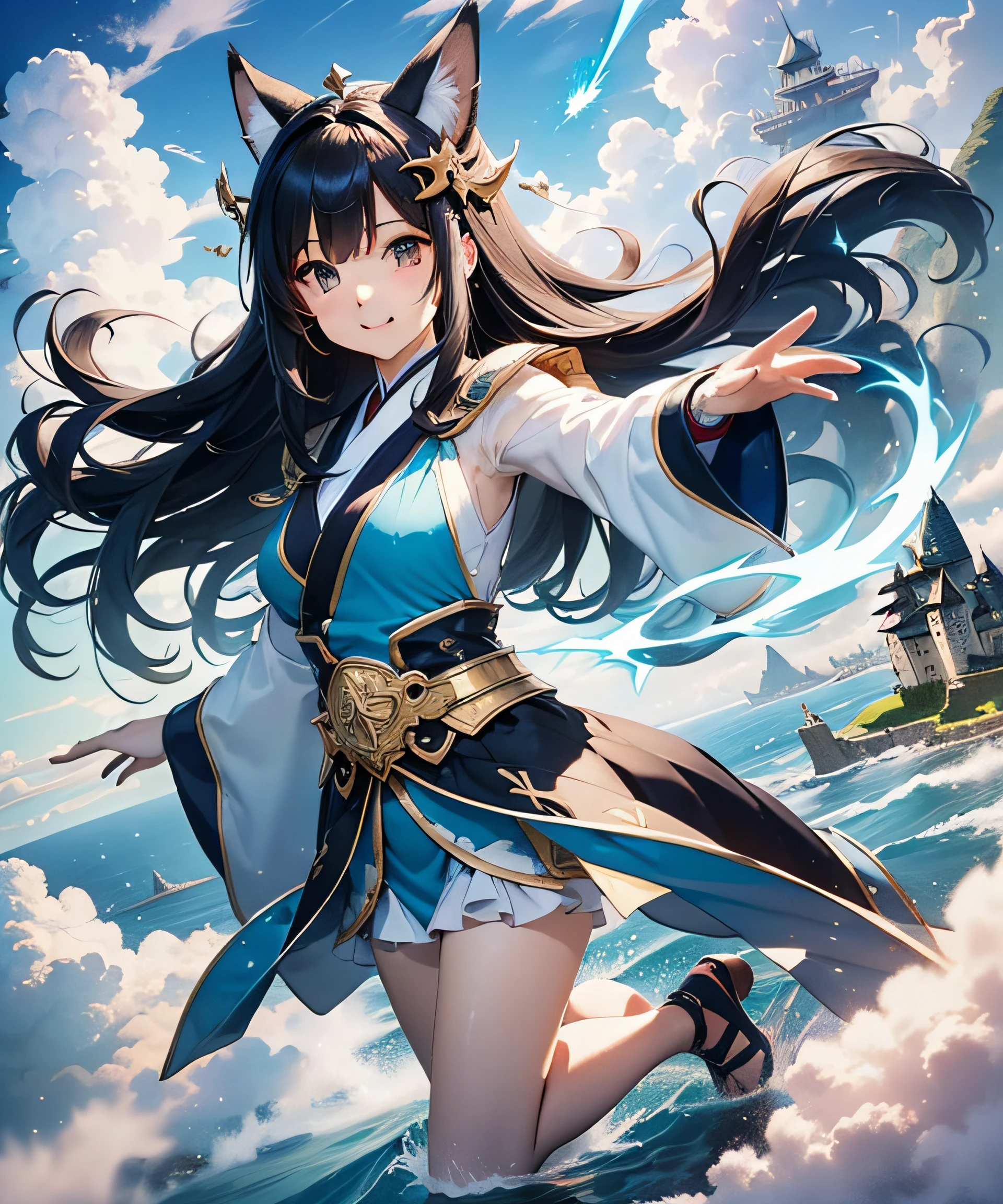 backgrounds((MagicWorld、Magical world、Air Castle Plug、sea of clouds、On the cloud、thunder、Masterpiece、beste Quality、Different world):1.5)、white and black、(Hiryu:1.3)、((A magical beautiful girl with long black hair with Japanese-style fox ears riding a flying dragon shoots blue flame magic towards the aerial citadel seen in the distance))、Japanese style costume、Up Beautiful Girl、Take the aerial citadel deep