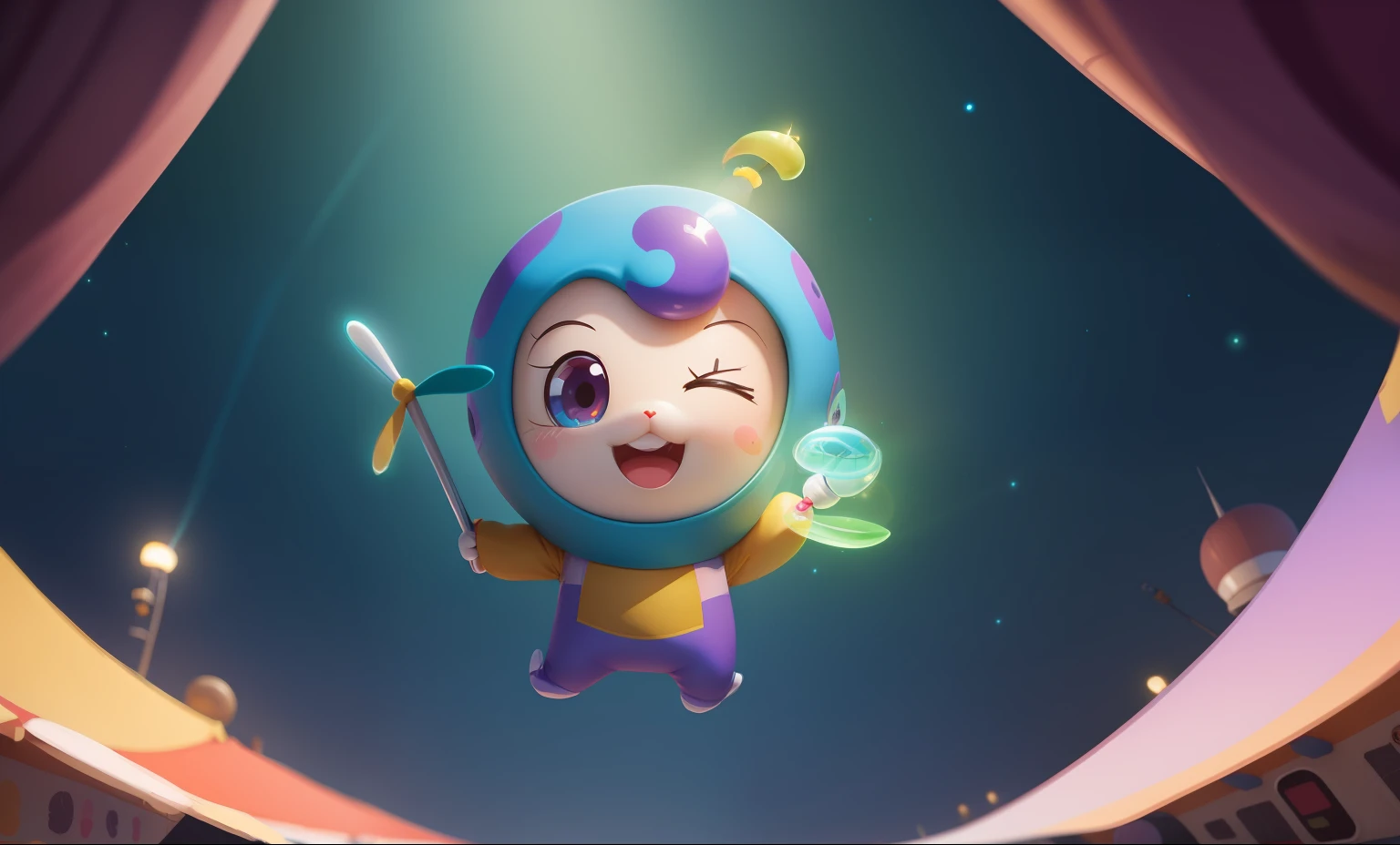Cute cartoon character, cute character, dancing character, mascot illustration, animation character, pixie character, character is flying, hero 2 d fanart artsation, high quality character design, toonix character, light wind, full body mascot, Cartoon Cute, venus squid astronaut, japanese mascot, mind character