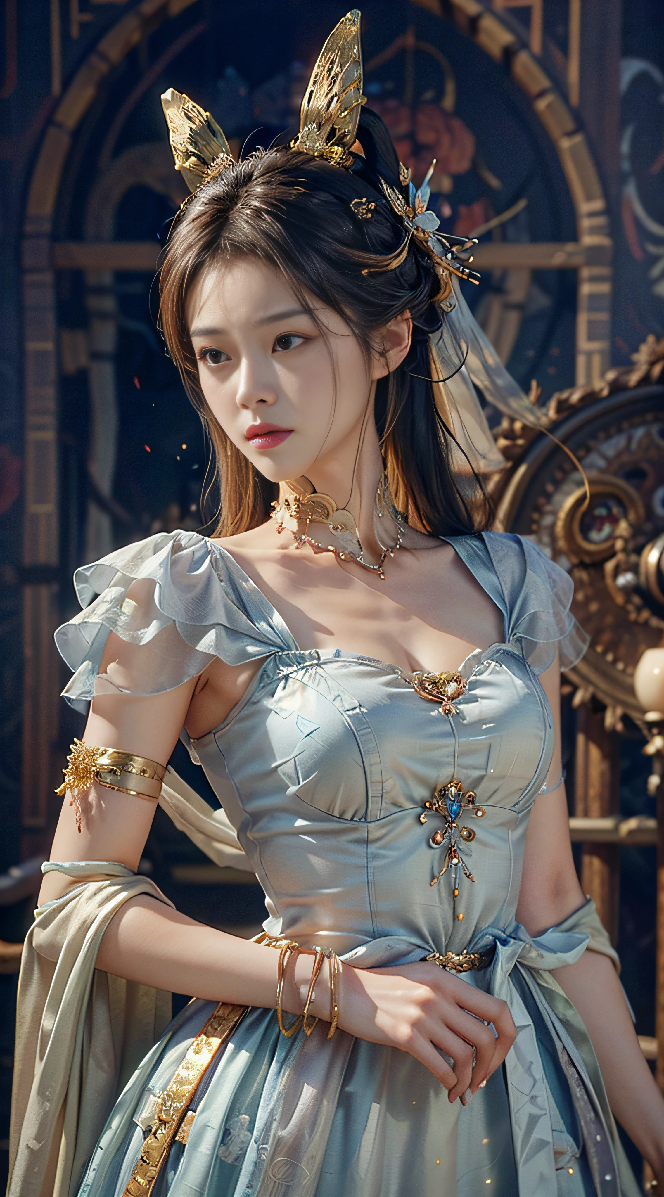 a close up of a woman in a silver and blue dress, chengwei pan on artstation, by Yang J, detailed fantasy art, stunning character art, fanart best artstation, epic exquisite character art, beautiful armor, extremely detailed artgerm, detailed digital anime art, artgerm on artstation pixiv, armor girl