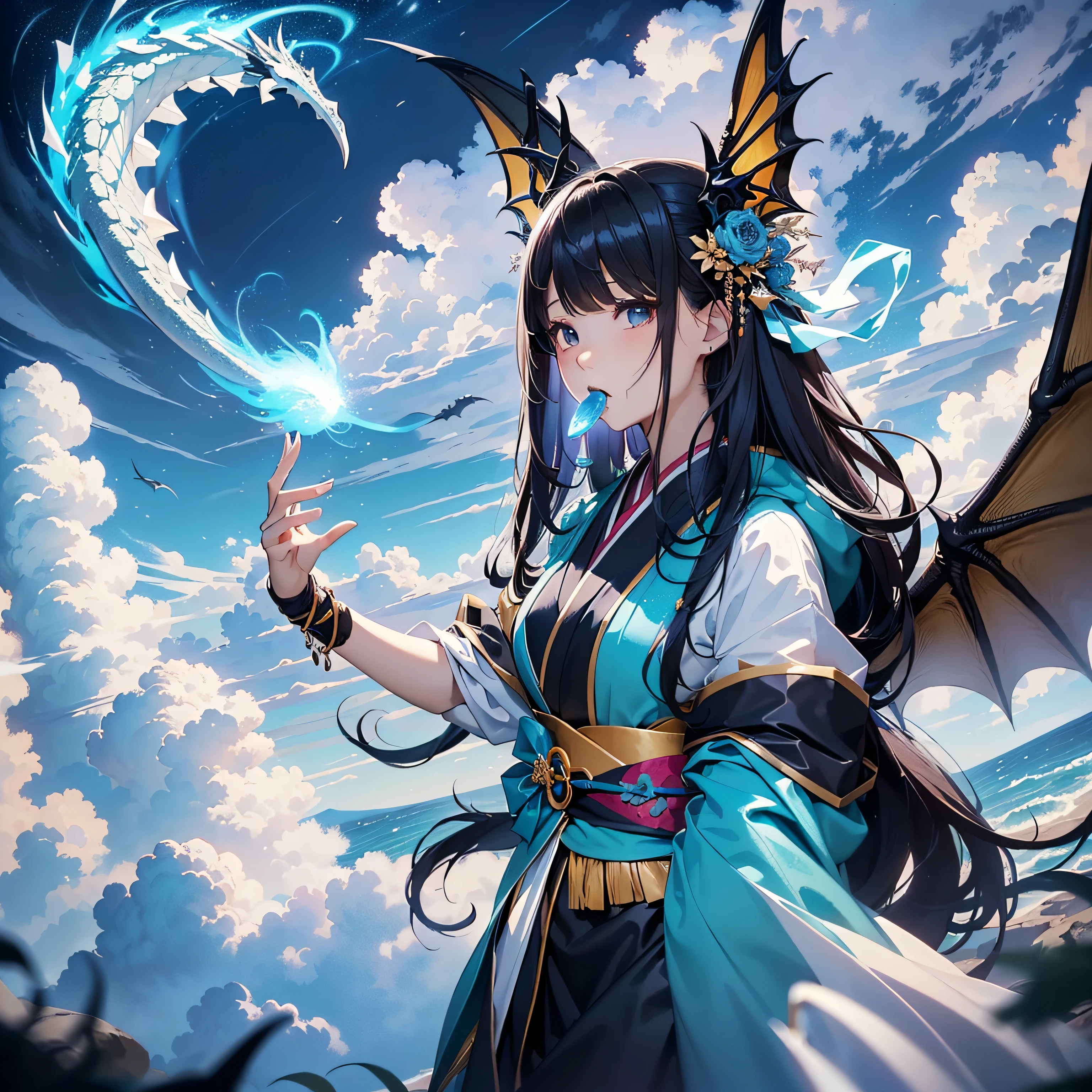 巨作、Realstic、((MagicWorld、Magical world、Air Castle Plug、sea of clouds、On the cloud、thunder、Masterpiece、beste Quality、Different world):1.5)、white and black、(dragon:1.3)、((Beautiful wizard girl with long black hair with fox ears riding a dragon shoots blue flame magic with both hands towards the aerial citadel visible in the distance))、Japanese style costume、up、Beautiful aerial citadel deep、((Dragon spitting blue breath attack from mouth))、(Beautiful girl in kimono)、巨作、beste Quality、supreme、Official settings、Beautifully Aesthetic、(whirlwinds)、(Magic is filled with particles of light)、(battle)、luster、gorgeou