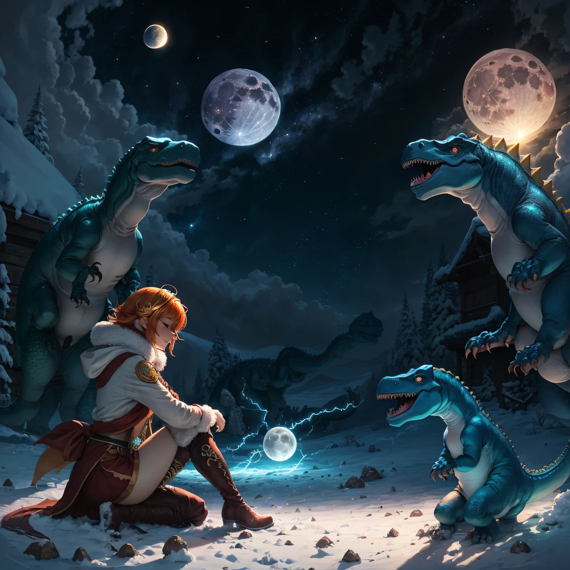 ,masterpiece, best quality,8k, ultra highres,pupils,closes mouth,proud,Orange hair,Sunburst jewelry,miko clothes,Over-the-knee boots,Dinosaur tail,Kneel on one knee,to meditate,lightening,Azur route,Snow Moon Law --auto