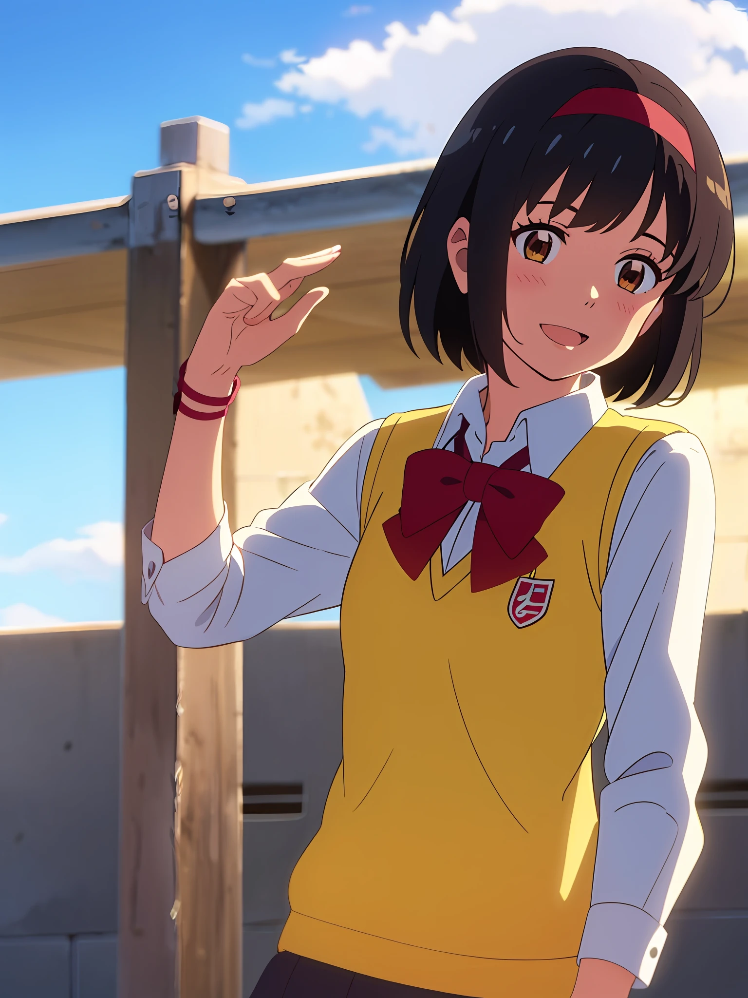 shinkai makoto, kimi no na wa., 1girl, bangs, black hair, blue sky, blush, bow, bow, brown eyes, cloud, collared shirt, headband, headband, looking at the audience, Negative Space, Outdoor, red bow, red bow, red headband, red ribbon, Ribbon, school uniform, shirt, short hair, sky, smile, solo, sweater vest, upper body, vest, white shirt, yellow sweater vest, yellow vest, smile, happy, open mouth