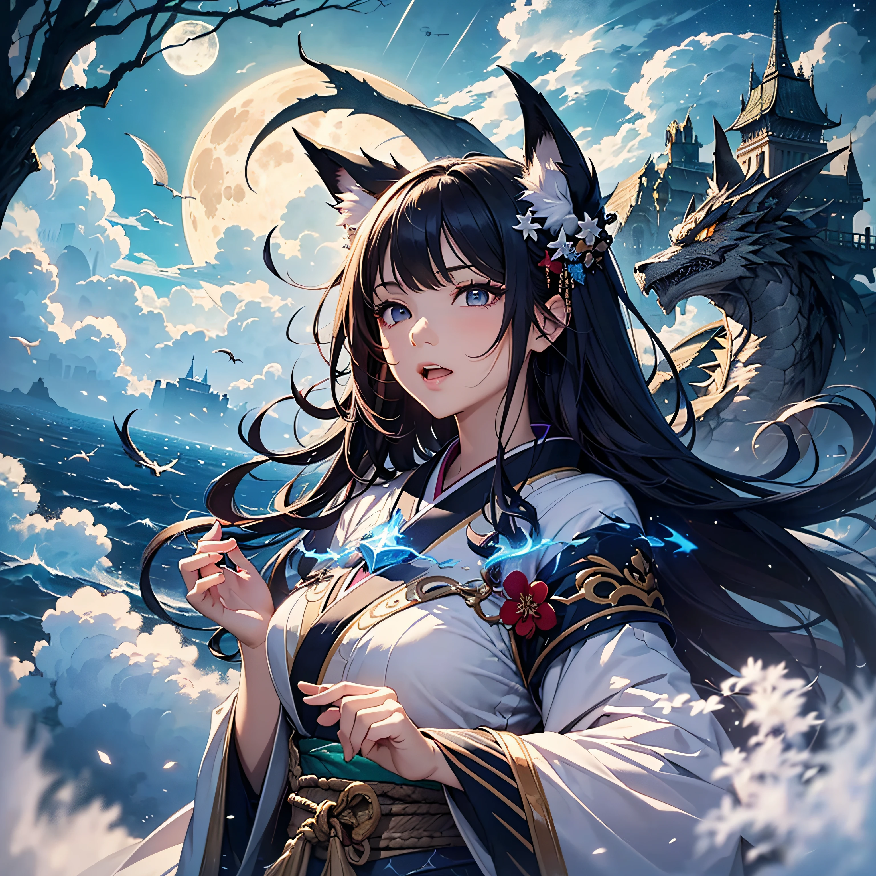 巨作、Realstic、((MagicWorld、Magical world、(Thunder roars over the aerial citadel floating in the sea of clouds)、Masterpiece、beste Quality、Different world):1.5)、white and black、(Dragon:1.3)、((Beautiful wizard girl with long black hair with fox ears riding a dragon shoots blue flame magic with both hands towards the aerial citadel visible in the distance))、Japanese style costume、up、Beautiful aerial citadel deep、(Beautiful girl in kimono)、巨作、beste Quality、supreme、Official settings、Beautifully Aesthetic、(whirlwinds)、(Magic is filled with particles of light)、(battle)、Luster、gorgeou、A beautiful girl with a rugged expression、With both hands、Pitch Black Night、Stars of the Galaxy々、moon light