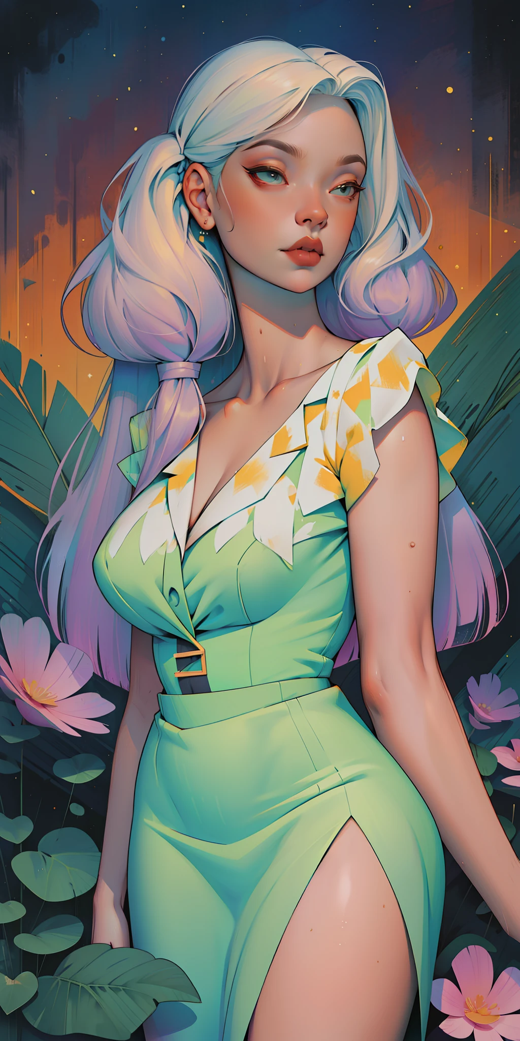 A glorious sunrise, Spectrum Rainbow, Background, in chic lavender white mint hair, pastel, mixed-language_SMS, (beautiful and clear background:1.2),, fantastic paintings , High detail eye lace, Long pigtails, braid, cosmos, galaxy, Long Hair, cool hairstyle, Plant flora, Loving, Love, ultra detailed hair, Masterpiece, Best Quality, hig quality, high-resolution, detail enhancement, ((most beautiful image in the world)), Masterpiece, Best Quality, hig quality, high-resolution, detail enhancement, ((most beautiful image ), Shiny hair, ultra chic Stampa Flores dress, tights in a mesh,, art by stjepan sejic, art by j scott campbell, art by guillem march, art by citemer liu, 4k, high-resolution, comic book character, comic, high quality detailed, style of ::2.0 comix illustration style,tatoon style, hig quality, high-resolution, detail enhancement, 8K, HD, Best Quality, hig quality, high-resolution, detail enhancement, 8K, HDR, Sharp focus, Ultra Detailed, Perfect lighting, Curvy Body, Lush breasts, Curvy hips