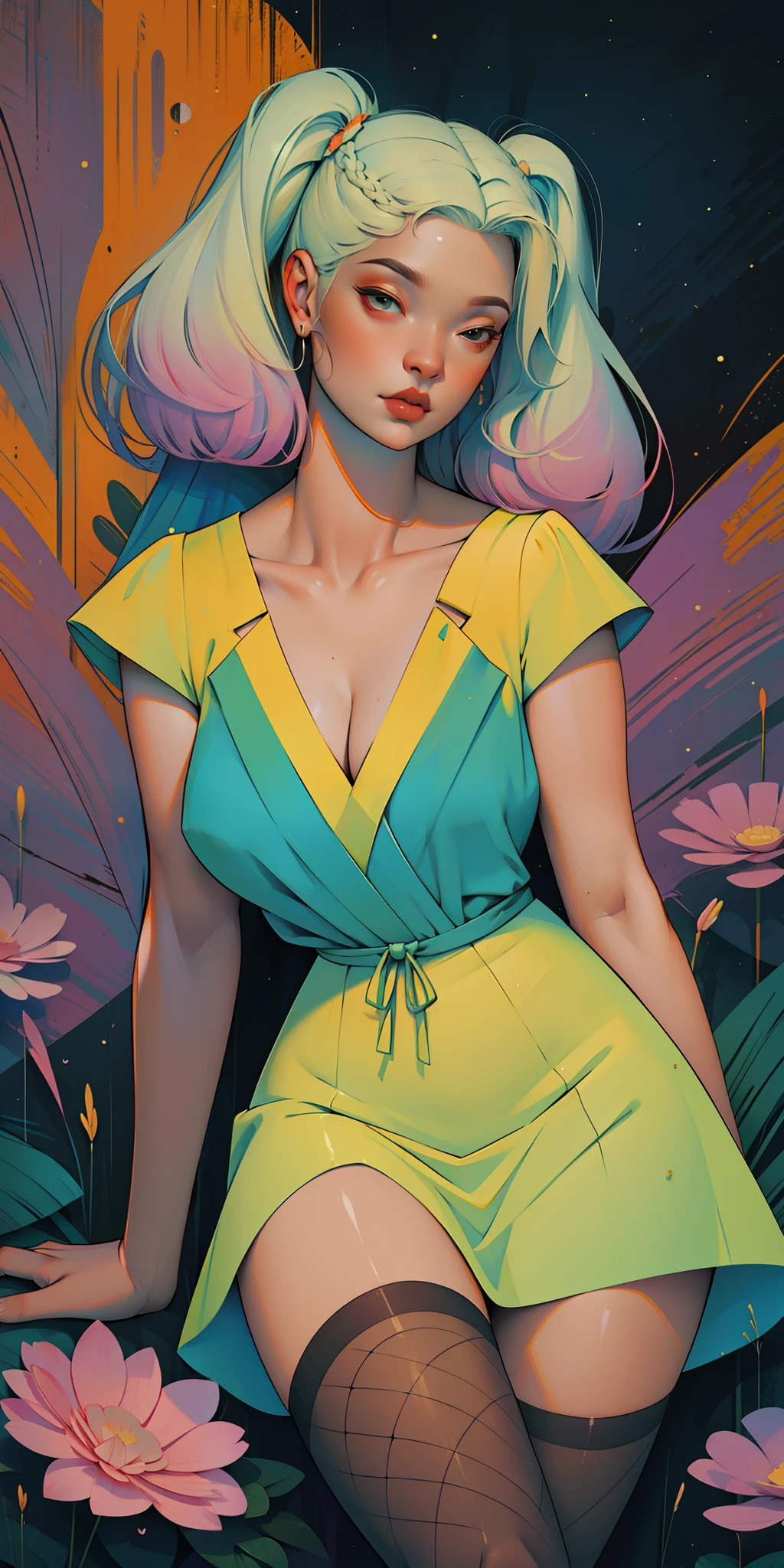 A glorious sunrise, Spectrum Rainbow, Background, in chic lavender white mint hair,  pastel, mixed-language_SMS, (beautiful and clear background:1.2),, fantastic paintings , High detail eye lace, Long pigtails, braid,  cosmos, galaxy, Long Hair, cool hairstyle, Plant flora,  Loving, Love, ultra detailed hair, Masterpiece, Best Quality, hig quality, high-resolution, detail enhancement, ((most beautiful image in the world)), Masterpiece, Best Quality, hig quality, high-resolution, detail enhancement, ((most beautiful image ), Shiny hair, ultra chic Stampa Flores dress,  tights in a mesh,,  art by stjepan sejic, art by j scott campbell, art by guillem march, art by citemer liu, 4k, high-resolution, comic book character, comic, high quality detailed,   style of ::2.0 comix illustration style,tatoon style, hig quality, high-resolution, detail enhancement, 8K, HD, Best Quality, hig quality, high-resolution, detail enhancement, 8K, HDR, Sharp focus, Ultra Detailed, Perfect lighting, Curvy Body, Lush breasts, Curvy hips
