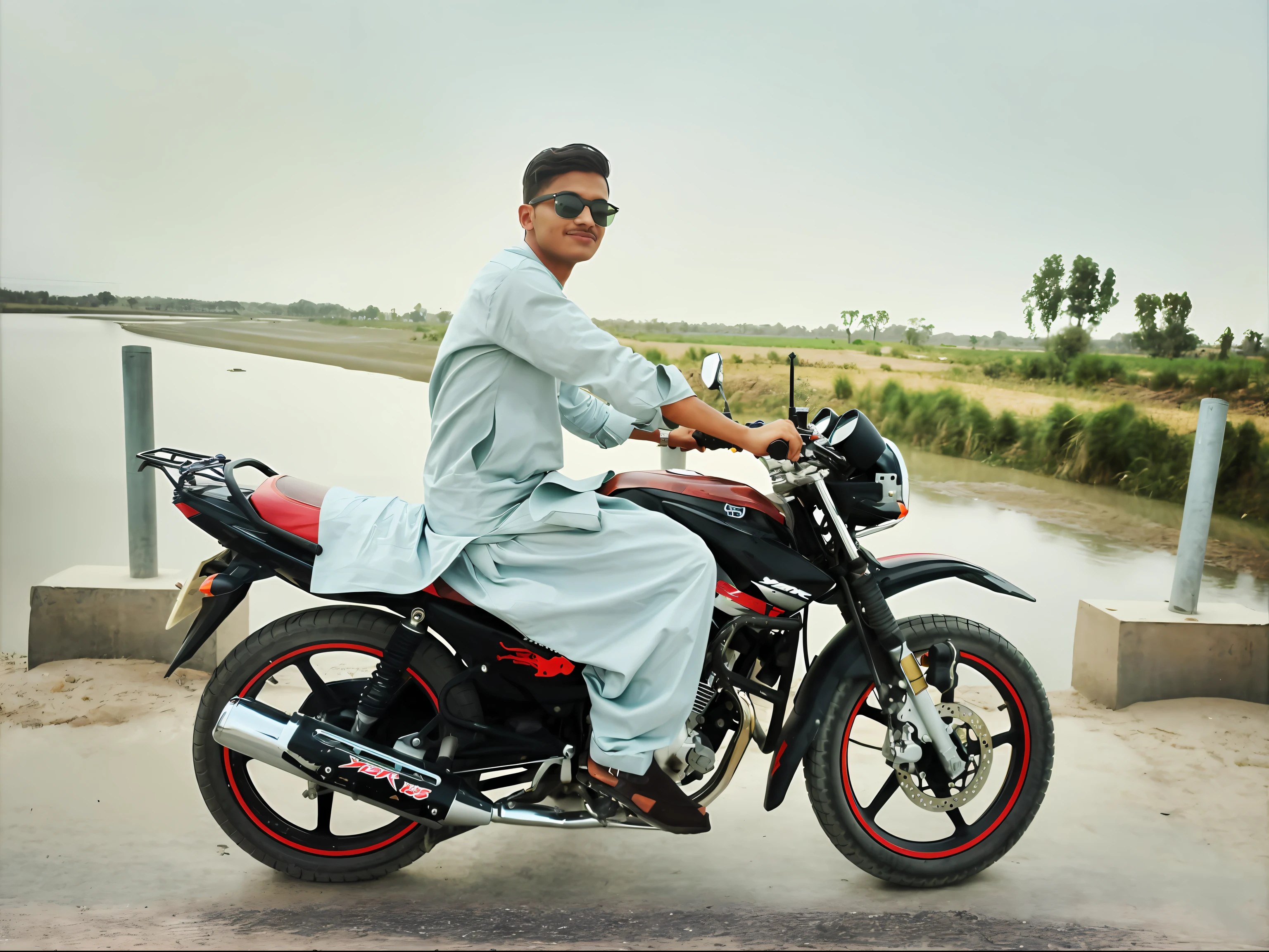There is a man riding a ninja H2R Motor Bike. Handsome lovely look