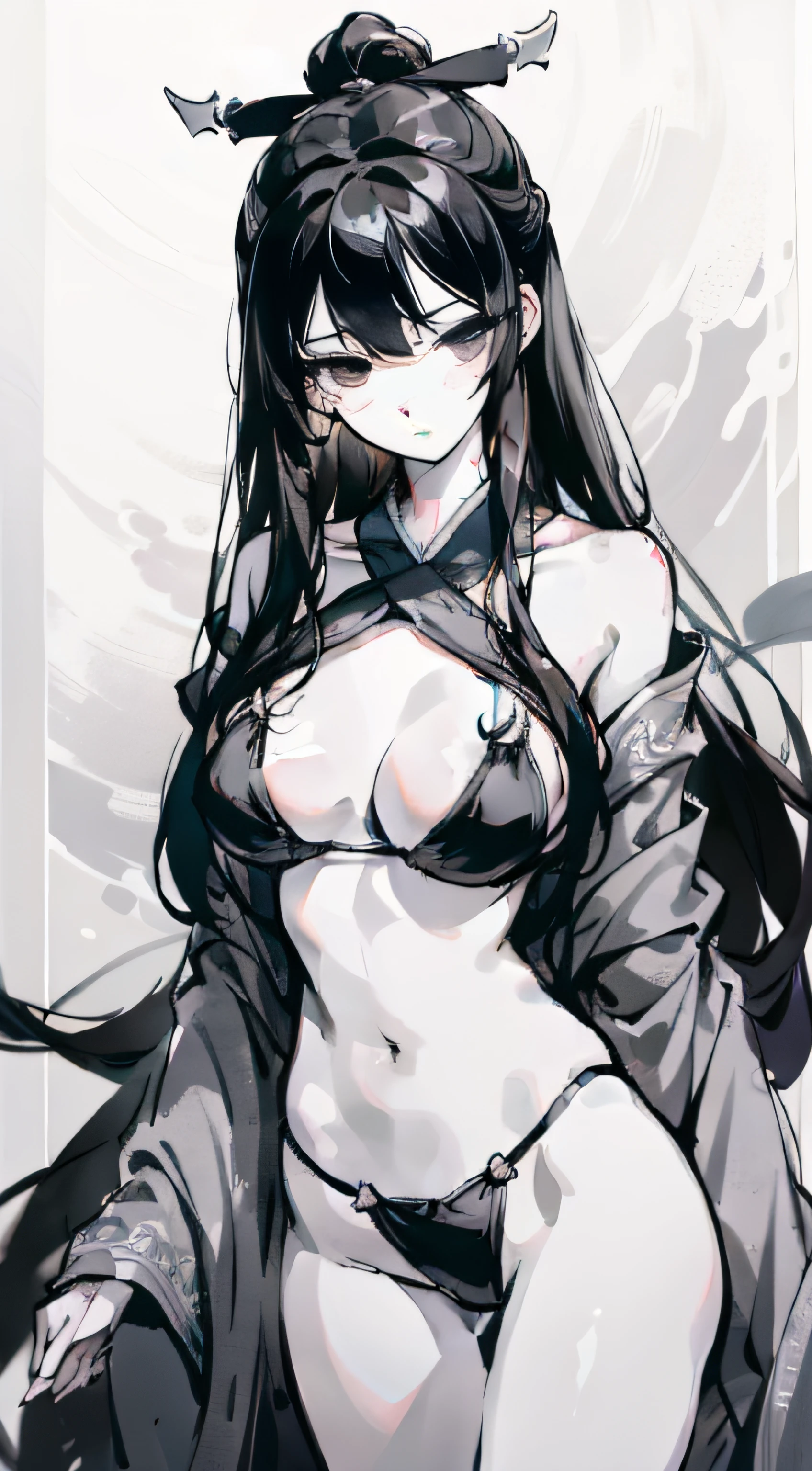 （Only black and white 3.0），shades of gray，ink draw，dark haired，long haired，Straight hair，dished hair，Shawl hair，asiatic，Hanfu，lingeries，Bikini Big breast，nevando，Expressionlessly，Frigid style，high qulity，anatomicaly correct