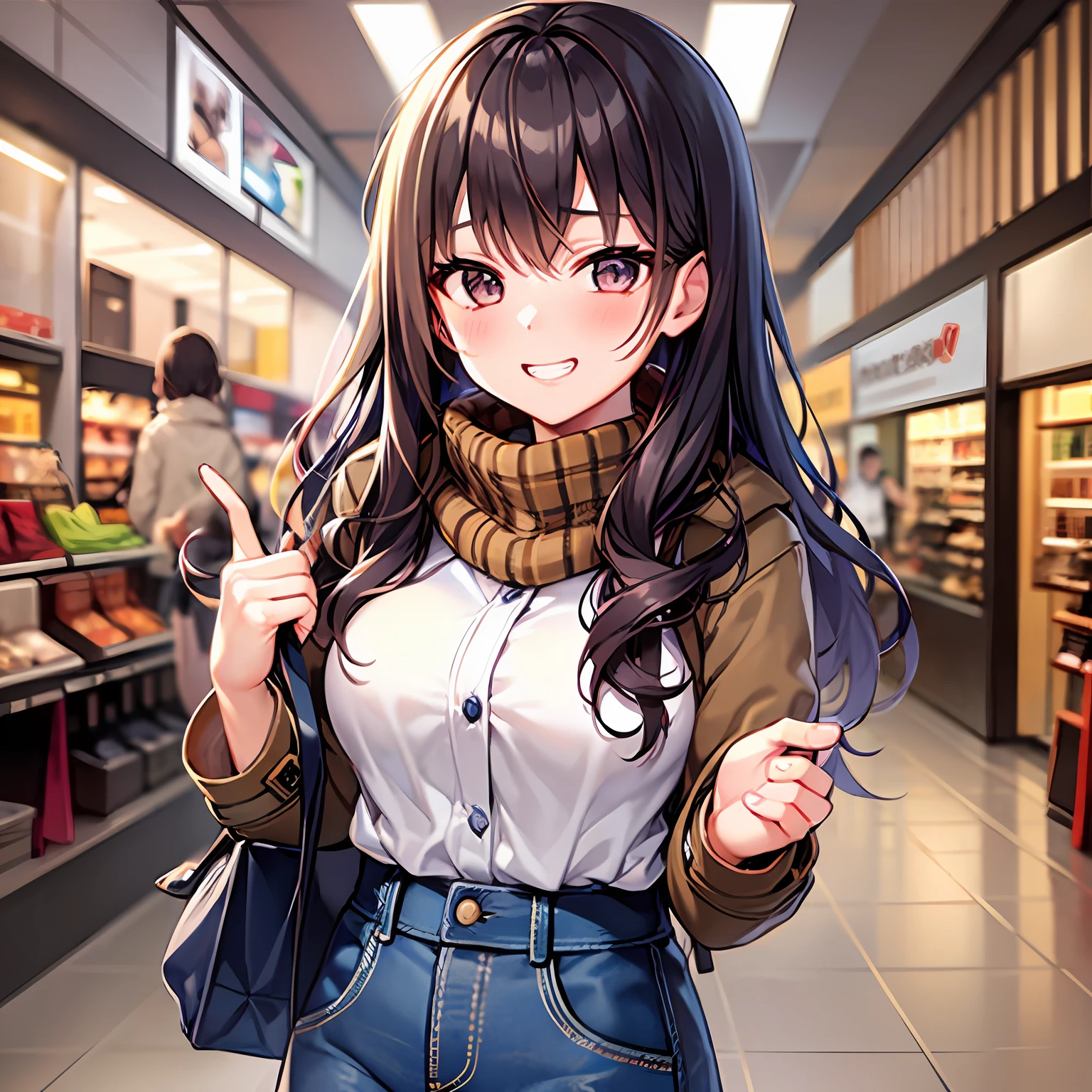 1girls, Height 148cm、Bust 85cm、Waist 56cm、Hip 85cm、F-cup、23yo、very baby face、Brown-haired、semi long hair、Duffel coat、Denim skirt、shopping mall、gentle grin、Blur the background a lot