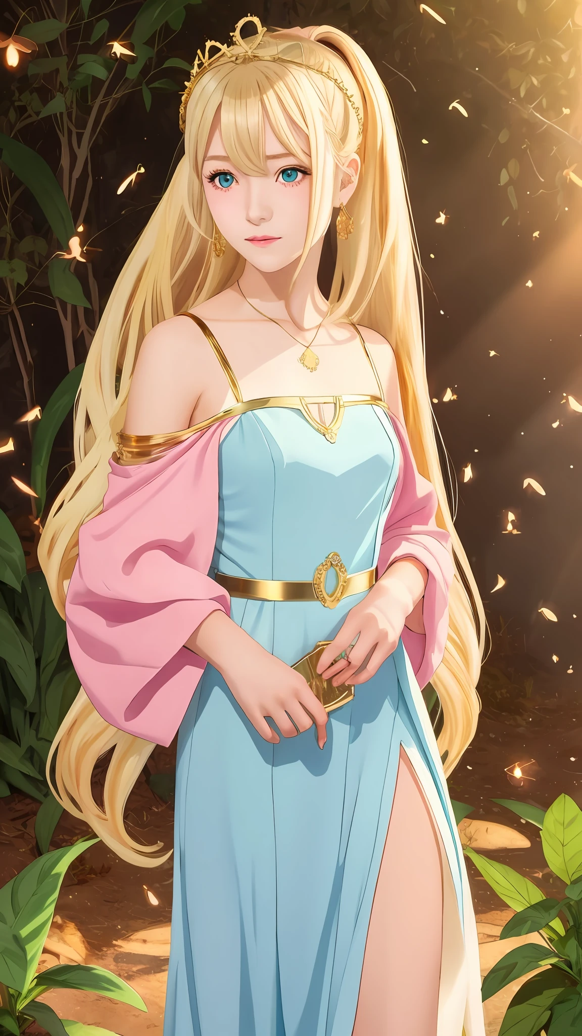 Light blonde haired anime girl high ponytail long hair with pale bluish violet eyes wearing pale gold and pink dress flowy with simple gold jewelry, simple gold circlet in her hair, under golden sunlight surrounded by plants and fireflies