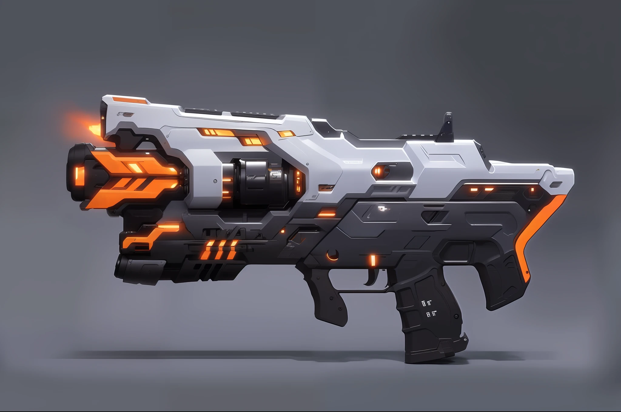 a gun，(masterpiece, top quality, best quality, official art, beautiful and aesthetic:1.2),(8k, best quality, masterpiece:1.2), CGgameguniconcsw, (no humans:1.5), weapon, grey background, simple background, Orange,weapon, vehicle focus, logo, radio antenna, Science fiction,