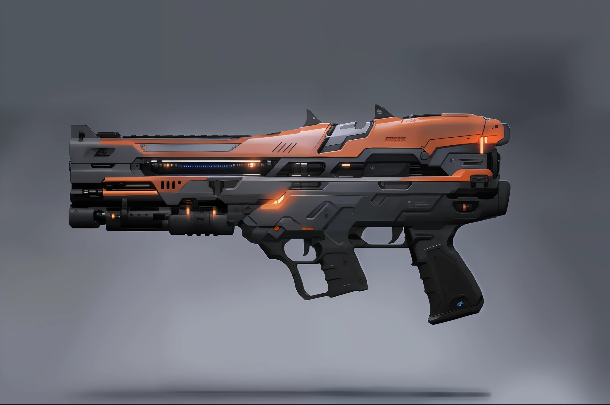 a gun，(masterpiece, top quality, best quality, official art, beautiful and aesthetic:1.2),(8k, best quality, masterpiece:1.2), CGgameguniconcsw, (no humans:1.5), weapon, grey background, simple background, Orange,weapon, vehicle focus, logo, radio antenna, Science fiction,