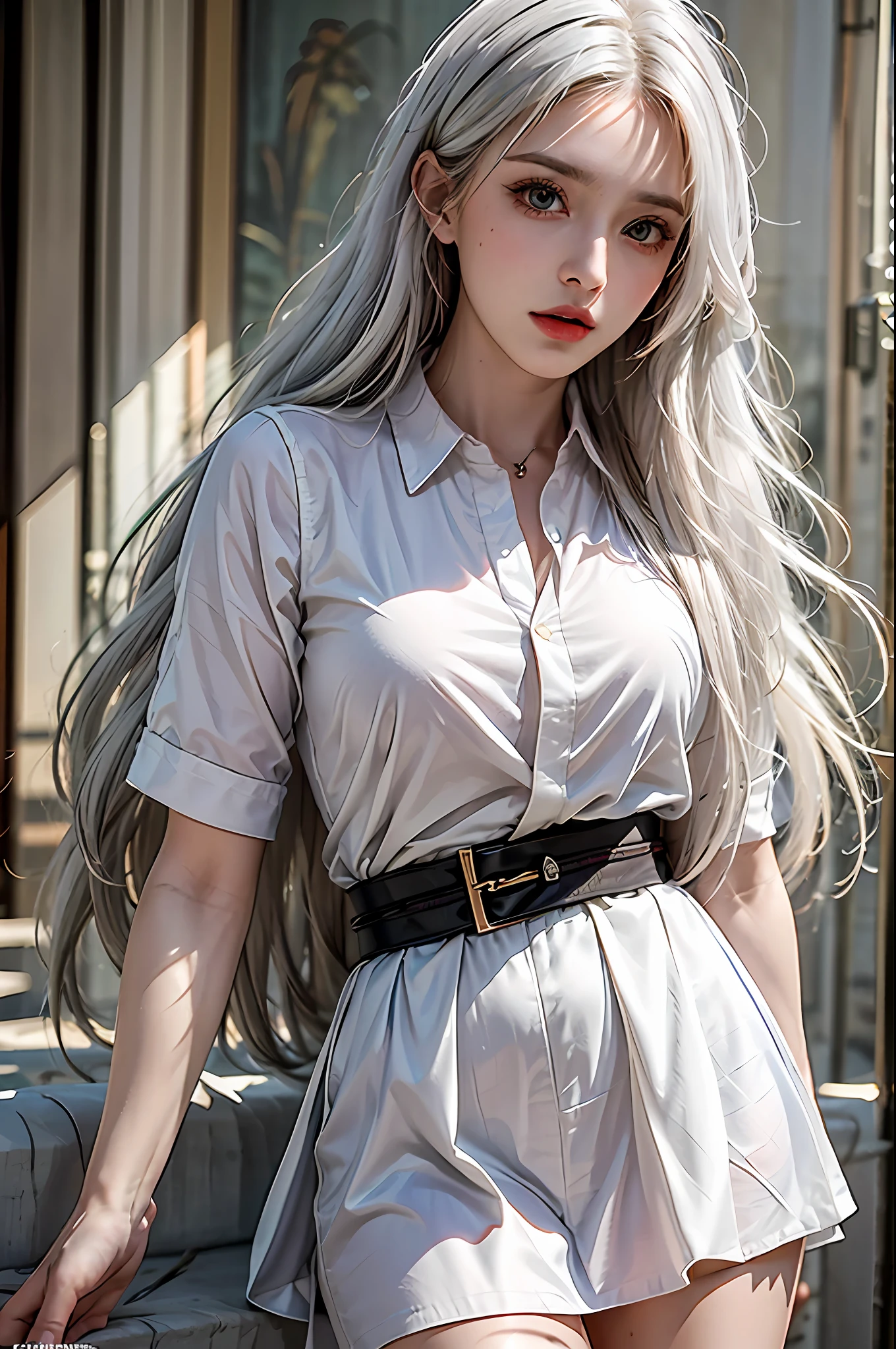 best quality, masterpiece, ultra-detailed, detailed light, (RAW photo:1.2), (photorealistic:1.4),(masterpiece:1.3),(best quality:1.4), dramatic lightning, 1girl, solo, look at viewer, waist up, white hair, wavy hair, long hair, collared shirt, skirt, fashion accessor