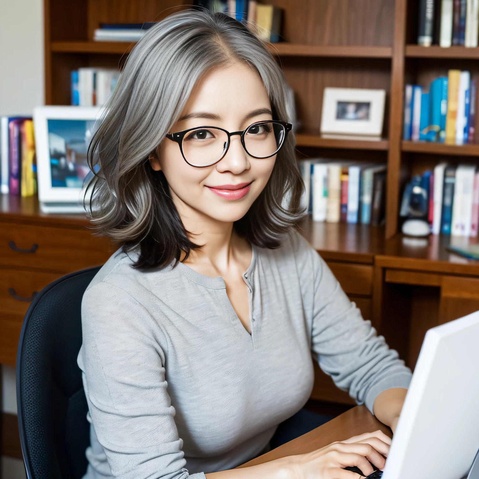 an midle aged asian woman (very short grey wavy hair, glasses, wearing a white shirts, closed mouth, Light smile) sitting on a chair and typing on computer on a desk, 50-year-old korean girl, small size breasts, professor, whole subject shown in photo, mature and little chubby woman, in study with lots of books, portrait of female university professor, mature and lovely korean face, studying, typing, looking at the computer monitor, sitting in a chair, Portrait of Korean mature Female at a study filled with lots of books, computer on the desk and a big bookshelves filled with many books in the background,