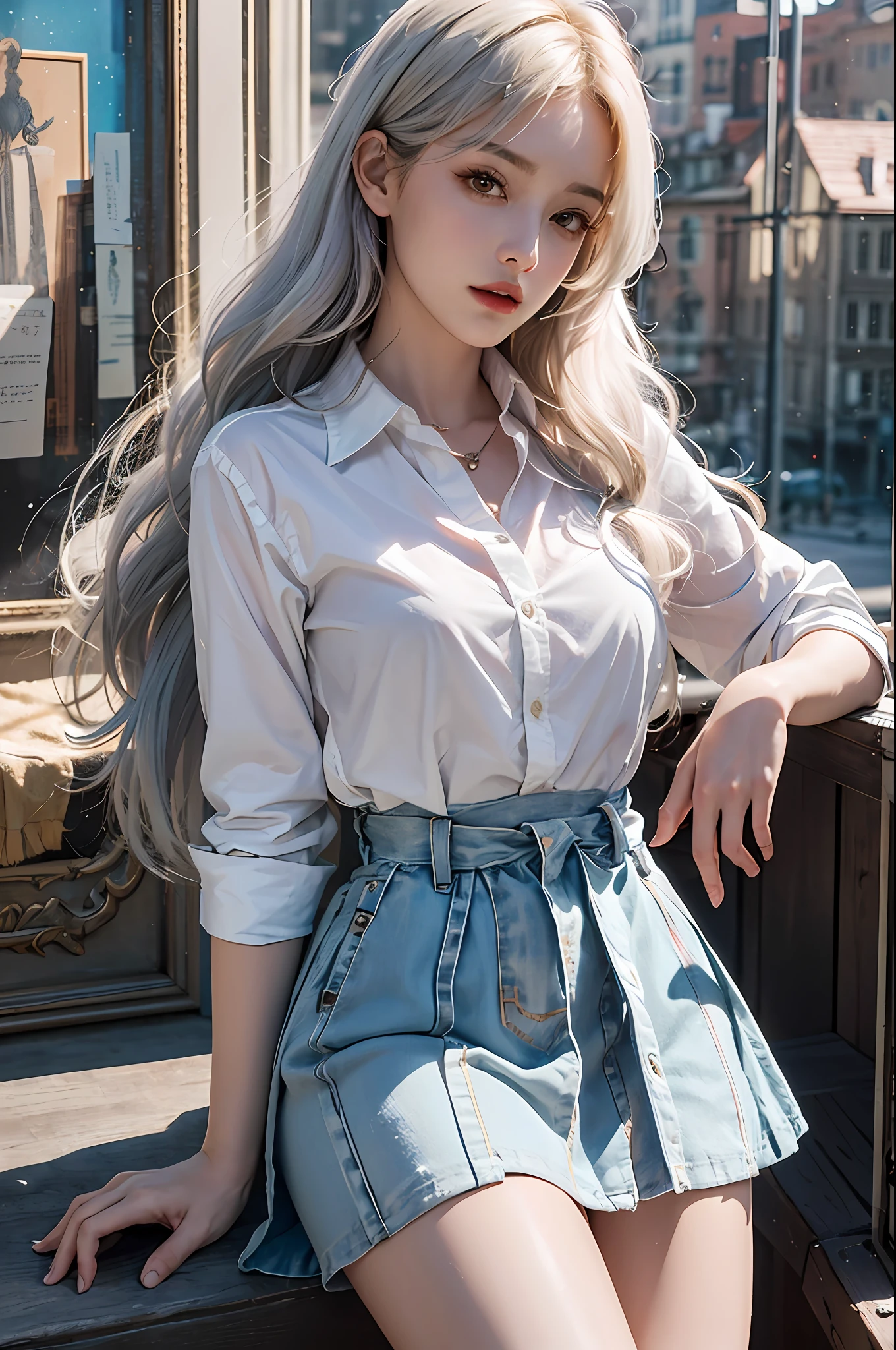 best quality, masterpiece, ultra-detailed, detailed light, (RAW photo:1.2), (photorealistic:1.4),(masterpiece:1.3),(best quality:1.4), dramatic lightning, 1girl, solo, look at viewer, waist up, white hair, wavy hair, long hair, collared shirt, skirt, fashion accessor