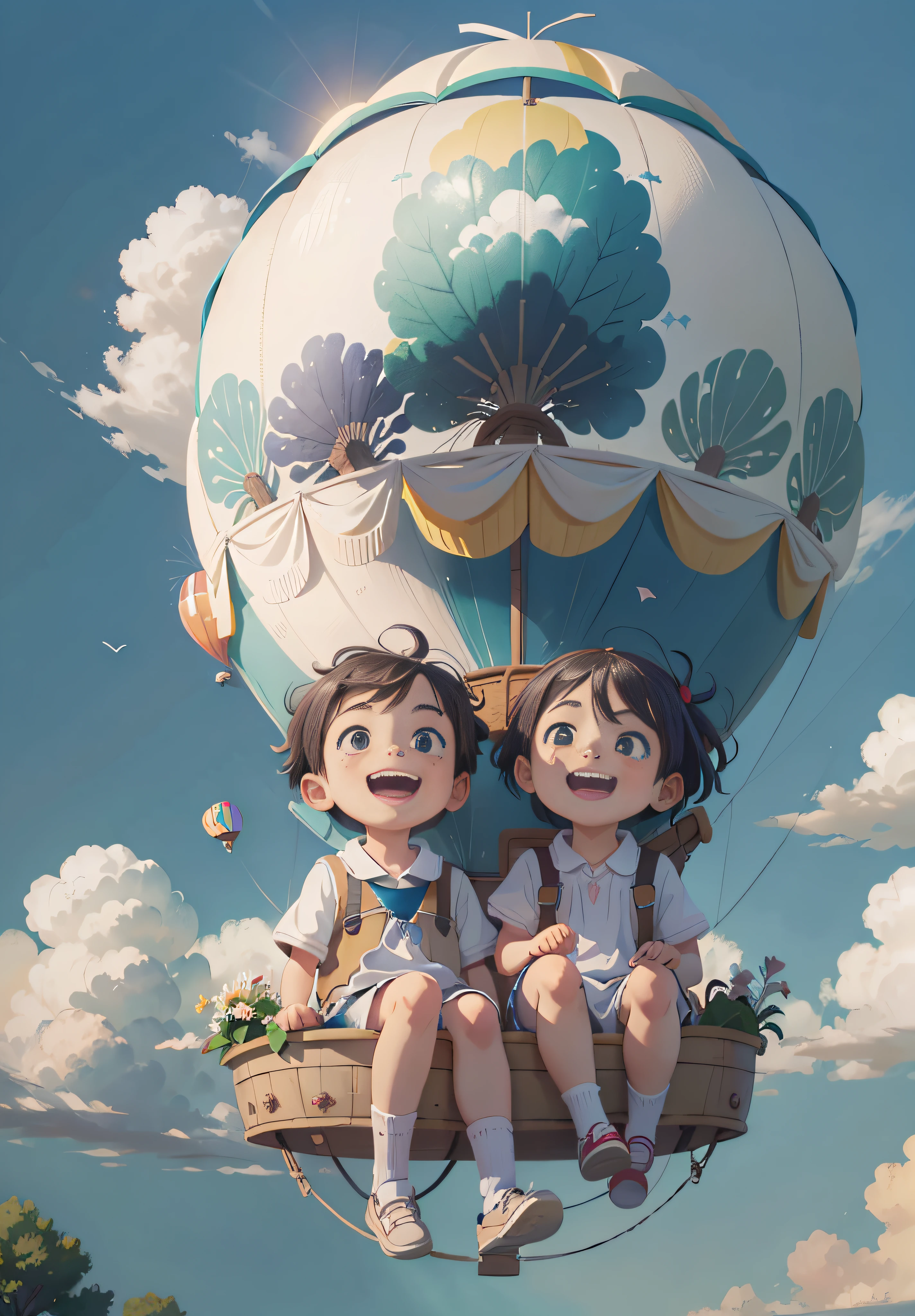(Masterpiece, best quality) Two sitting in a hot air balloon flying in the sky, smiling, fine facial features, sun, clean blue sky and white clouds, rainbow, meadow, summer -V6