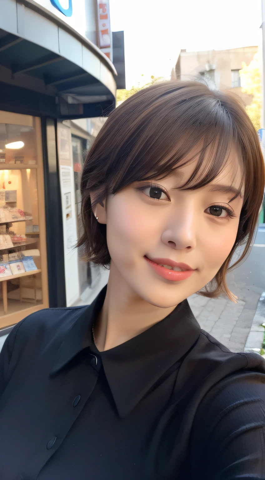((natural lighting、bestquality、8K、master masterpiece:1.3))、(real)、hyper-detailed、1 girl、Slim Beauty:1.2、Brown hair、(huge tits:1.2)、(Layer cutting)、((Stylish short hair:1.3))、detailled eyes、double eyelidwork、smiles、(close mouth)、Soft skin、hyper-detailed、Quality、high-res、Cute smile、Beautiful night sky、Beautiful starry sky、Street with fashionable cafes、street corner、night、date、((Princess))、White collared shirt