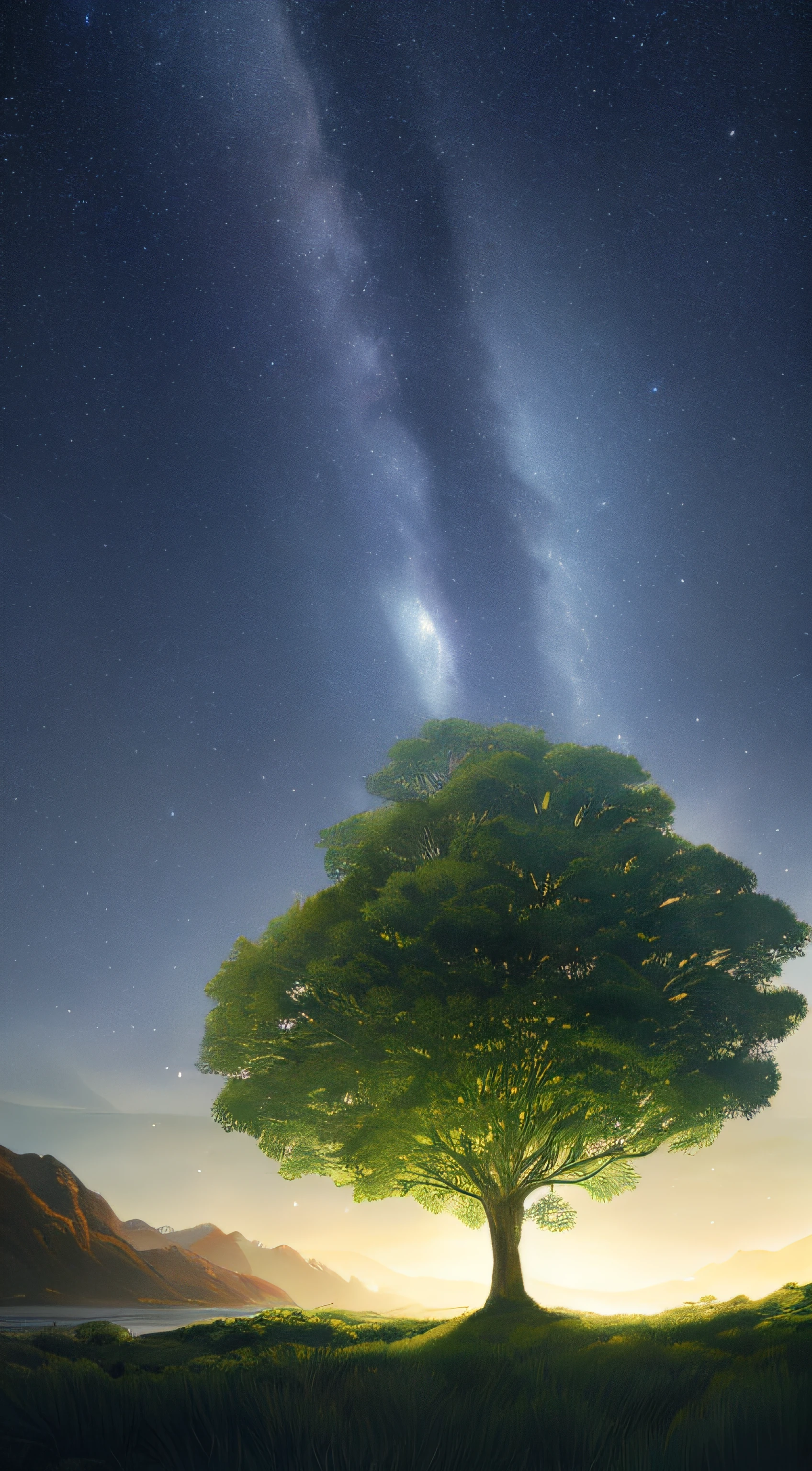 Illustration of a surreal, otherworldly, hyper sky scene including a giant crystal tree full body, highly detailed and magical lighting, intricate forest details, vegetation and surrounding river, solar punk, landscape, giant tree , beautiful green leaves, beautiful lighting and realistic proportions, as if this is a movie background, 8k, highest quality, masterpiece, clouds and stars in the sky.