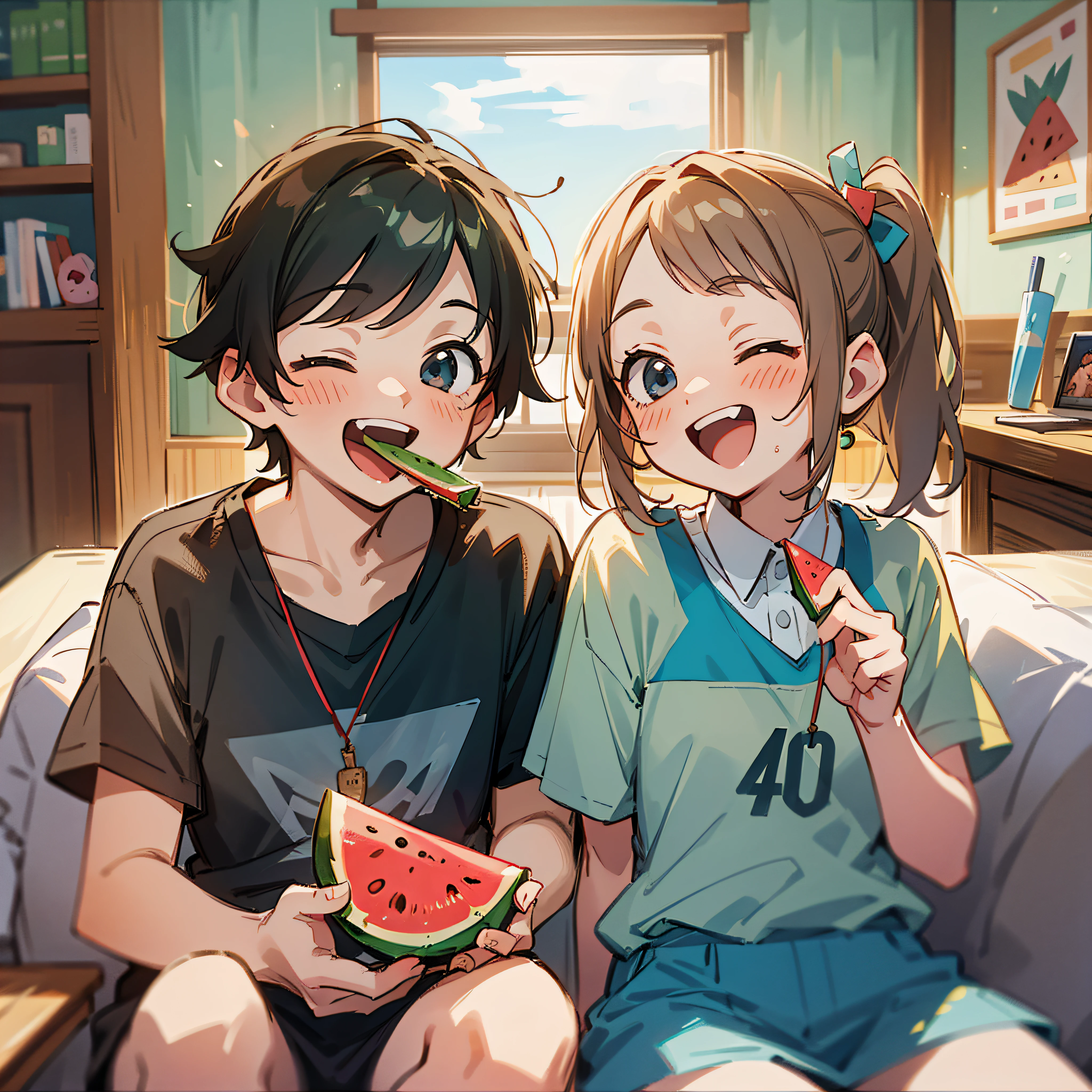 Couple is eating watermelon, cute, happy, happy, masterpiece, center, masterpiece, high picture quality, anime.