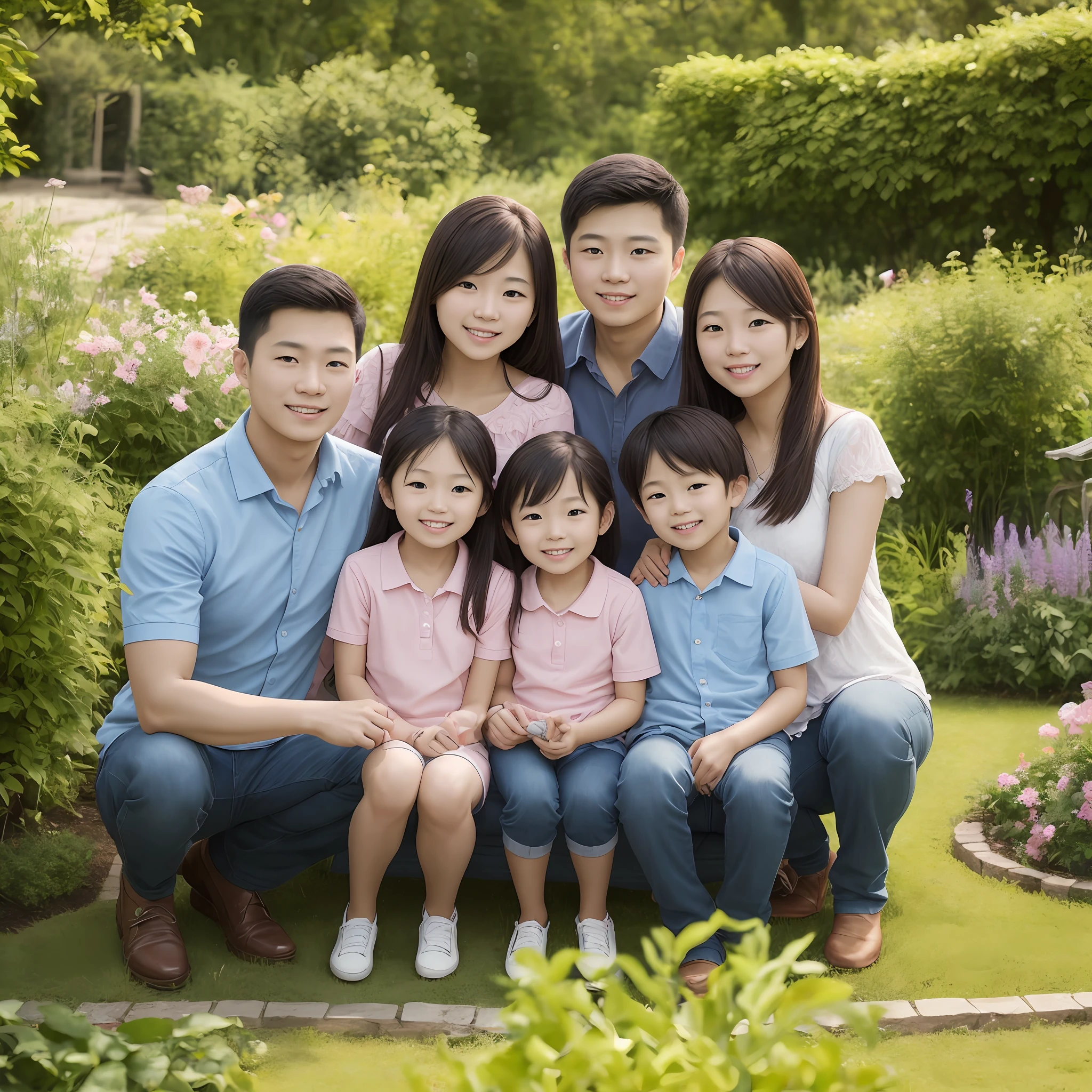 Close up of,family photo,Younger sister、Brother、mamma,Brother,daddy,cheerfulness,The background is the garden --auto