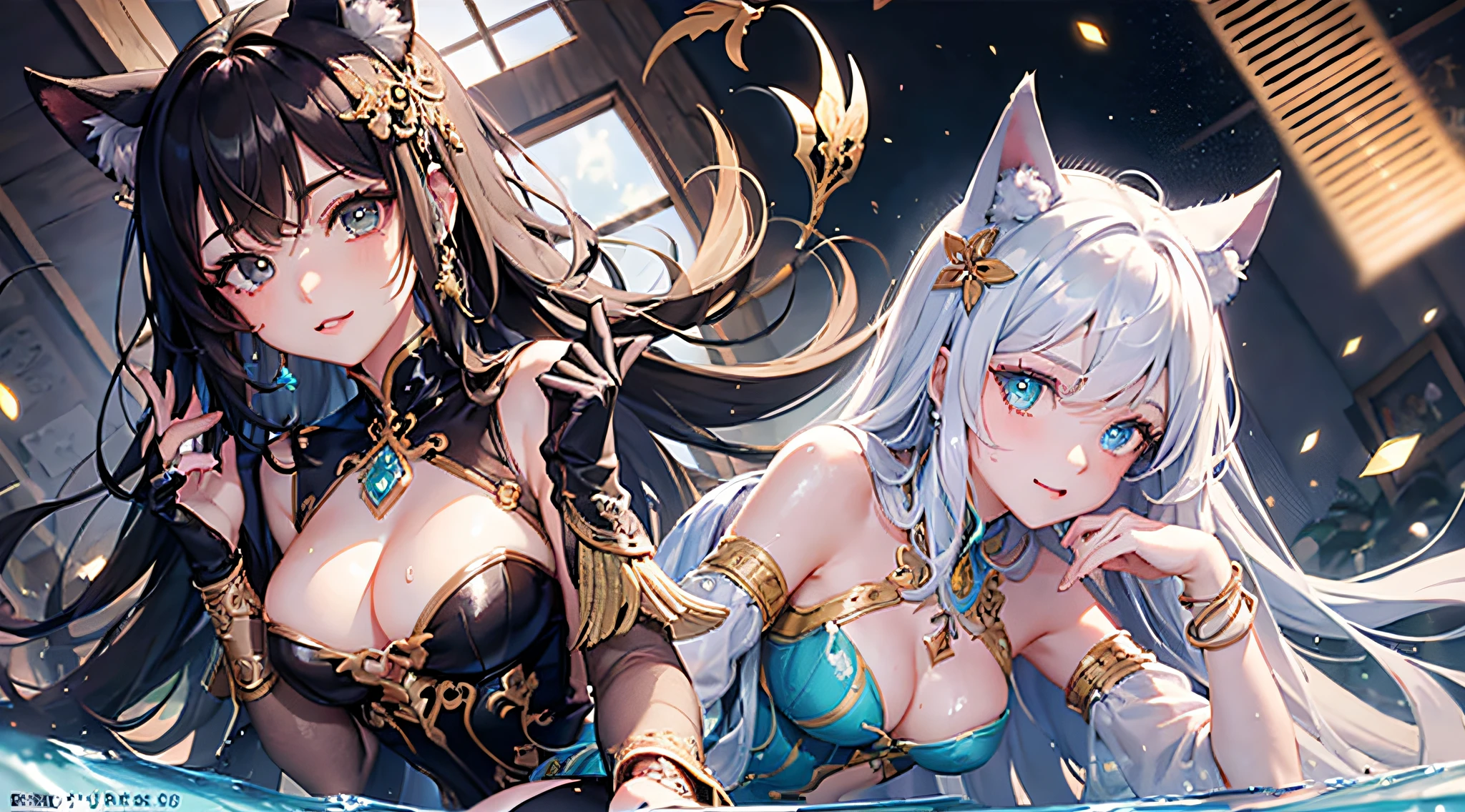 （best qualitiy： 1.3）， （杰作： 1.3）， （ultra detaile： 1.3）， （wall paper， 1girls， 独奏， Long hair， Animal ear， hair ornament， Green eyes， Red Eyeshadow， jewelries， Separate the sleeves， mediuml breasts， puled up dress，  bangle： 1.1）， （[diamond：1.3|The eye]：1.2）， （[opals：1.9|gradient_hair：1.3]：1.2）， （Hair dripping：1.25）， （Detailed hands and fingers：0.9），，TBCC illustration，（Detailed ultra-oily radiant skin：1.1），（[wet​：0.8|Slimed]），oily shiny thighs，