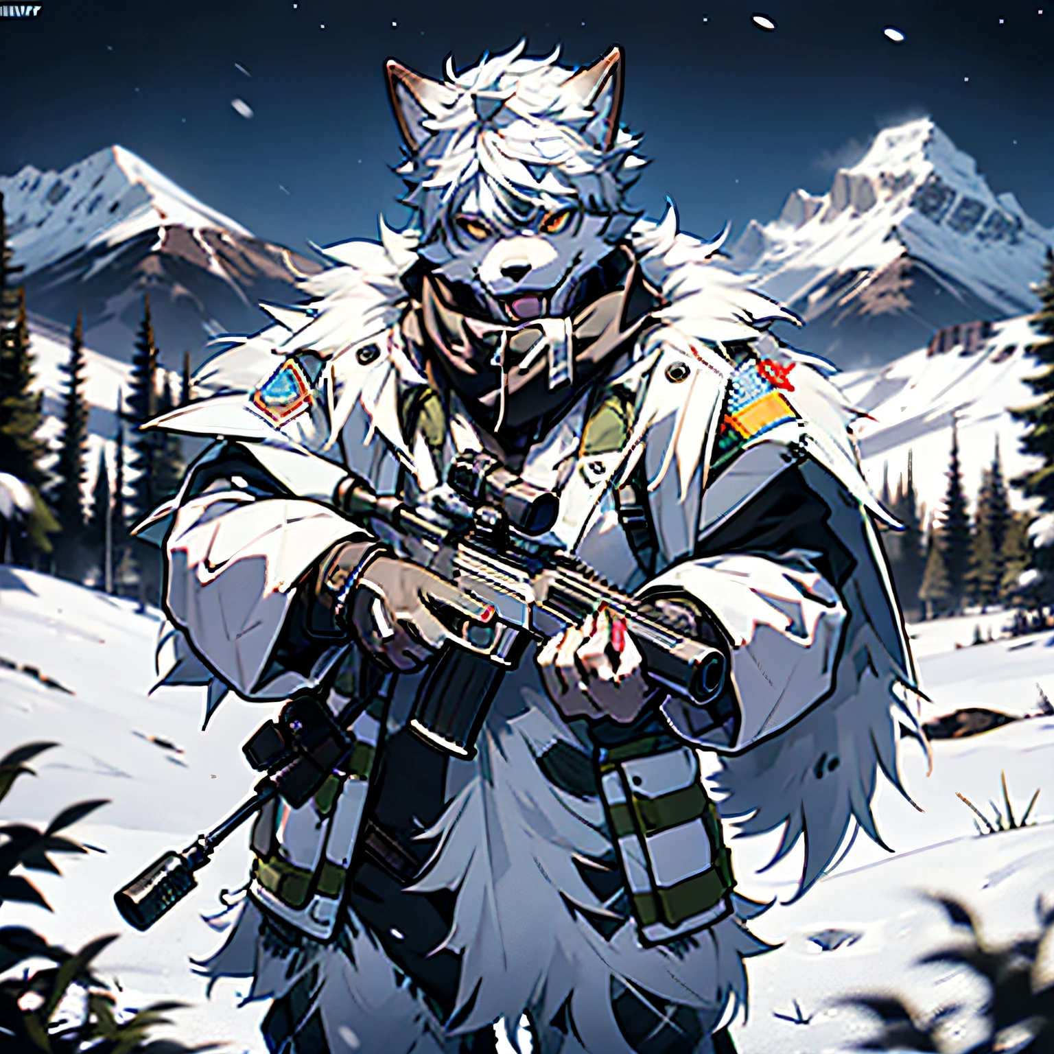 shaggy,White werewolves，sniper，midnight，snowy mountains，Lots of detail，White ghillie suit