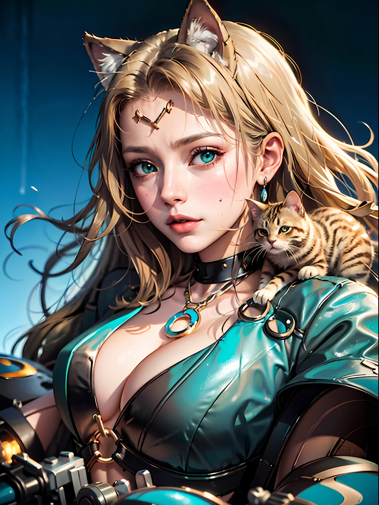 Cyberpunk cat on motorcycle, inkpunk Lite768, f/1.4, close-up film photography, portrait of a woman, reddish brown long, cyan eyes, traditional jewelry, elegant pose, atmospheric lighting, film composition, details, spring