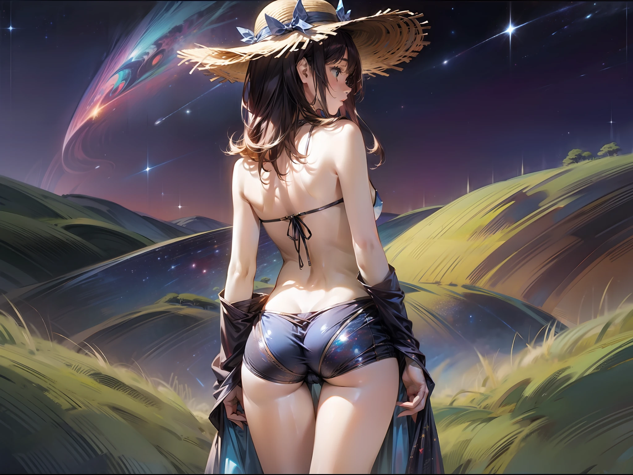 (巨作)、detailded、8K、((Full body back photo visible from head to toe))、Girl in micro bikini and straw hat、Slender and long healthy legs、short dark hair、Colorful inner hair、Realistic and sharp details、with intricate details、Standing in the back of a meadow on a cliff near the sea, looking up at the ultra-beautiful and full view of multiple starry skies and galaxies.