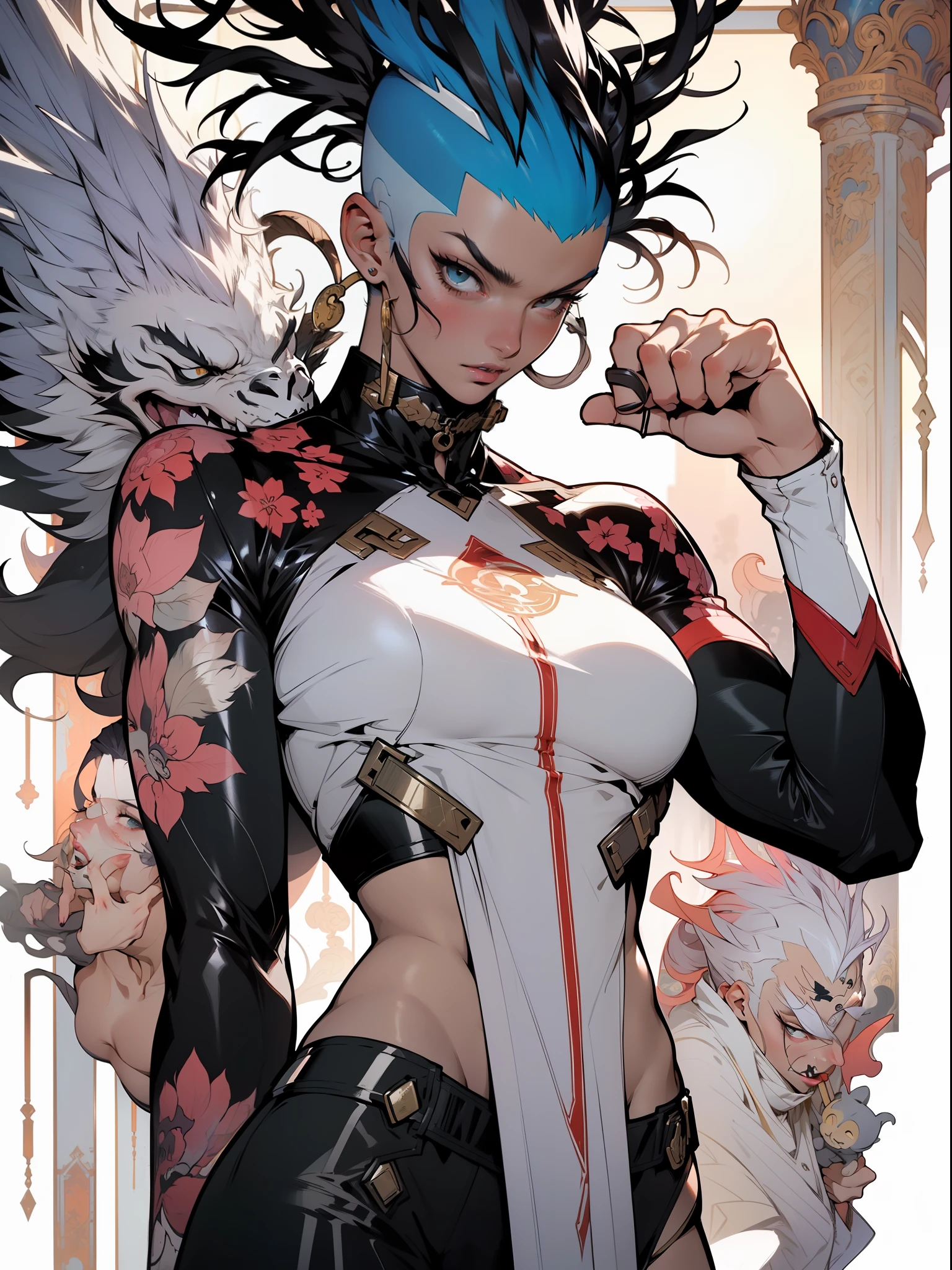 ((Best quality)), ((masterpiece)), (detailed: 1.4), (Absurd), (((whole body)), (((woman))), 35-year-old woman, barbarian warrior, hot woman, sculptural body with defined muscles, little clothing, Simon Bisley style, mouth closed, perfectly defined body wearing a micro thong of animal skin, almost naked body, ((large breasts)), erect breasts, (((white mohawk hair))), very long black eyelashes, high on a mountain, by mucha, niji --V5, near the real, psychopathic, crazy guy, sexy pose, 2-piece outfit, pastel, centered, scale to suit dimensions
